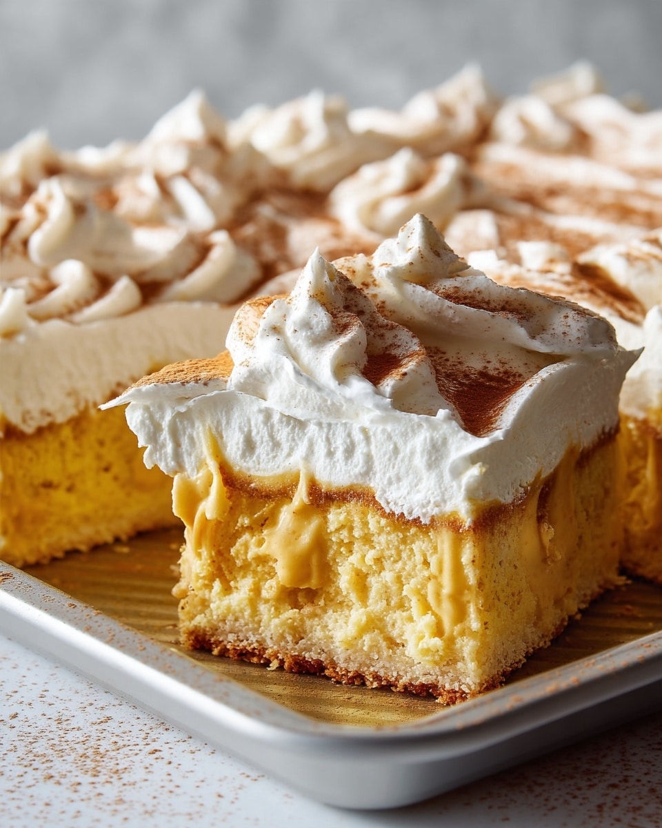 A close-up of a three-layered dessert in a white pan with a white marbled textured background: the bottom layer is a thick, soft, light brown cake, the middle layer is a smooth, creamy yellow custard that looks slightly runny, and the top layer is a thick, fluffy white whipped cream spread in swirls and peaks with a light dusting of cinnamon powder all over. One piece in the front shows the layers and creamy texture inside, with the whipped cream holding its shape clearly. photo taken with an iphone --ar 4:5 --v 7