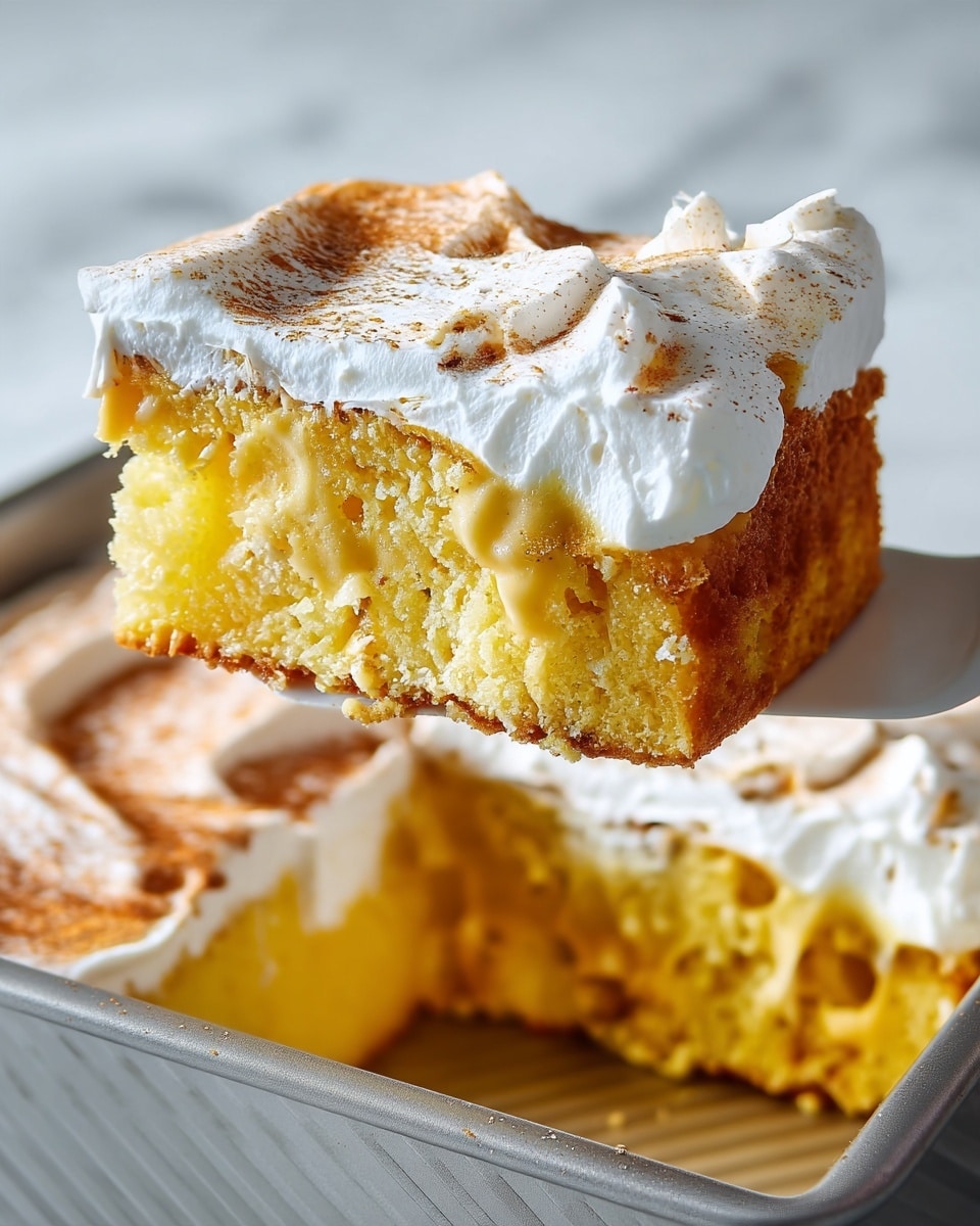 A thick square slice of yellow cake with a soft, moist texture is being lifted from a metal pan that holds the rest of the cake. The cake has two visible layers: a dense yellow base with some custard or cream filling melting inside, and a thick, white fluffy top layer of whipped cream or frosting, dusted with light brown cinnamon powder or spice. The lifted slice shows the airy texture of the yellow cake contrasted with the smoothness of the creamy topping. The background is a white marbled texture. photo taken with an iphone --ar 4:5 --v 7