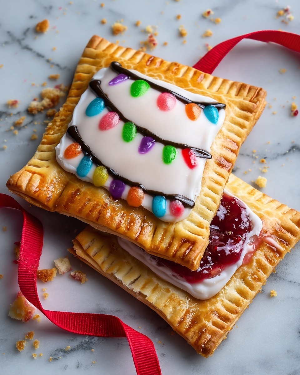 The image shows two square toaster pastries with golden-brown, flaky crusts and a white icing layer on top. Each pastry has glossy red jam filling visible where one is broken, creating a shiny texture that contrasts with the crumbly pastry edges. The white icing is decorated with black lines and colorful small dots resembling Christmas lights in green, purple, red, yellow, blue, and orange, arranged in two curved rows. A red ribbon is woven underneath the top pastry and the pastries rest on a white marbled surface with some crumbs scattered around. Photo taken with an iphone --ar 4:5 --v 7