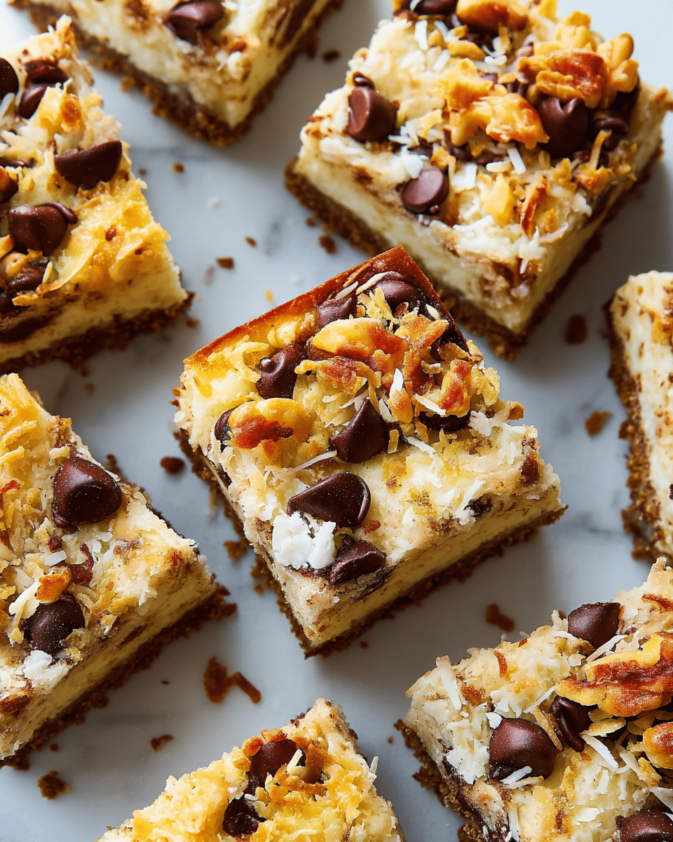 This image shows several square dessert bars arranged closely on a white marbled surface, each with three visible layers: a crumbly, golden brown base, a middle creamy white layer, and a top layer sprinkled with toasted shredded coconut, dark chocolate chips, and walnut pieces, creating a mix of rough and smooth textures with warm, rich colors. Photo taken with an iphone --ar 4:5 --v 7