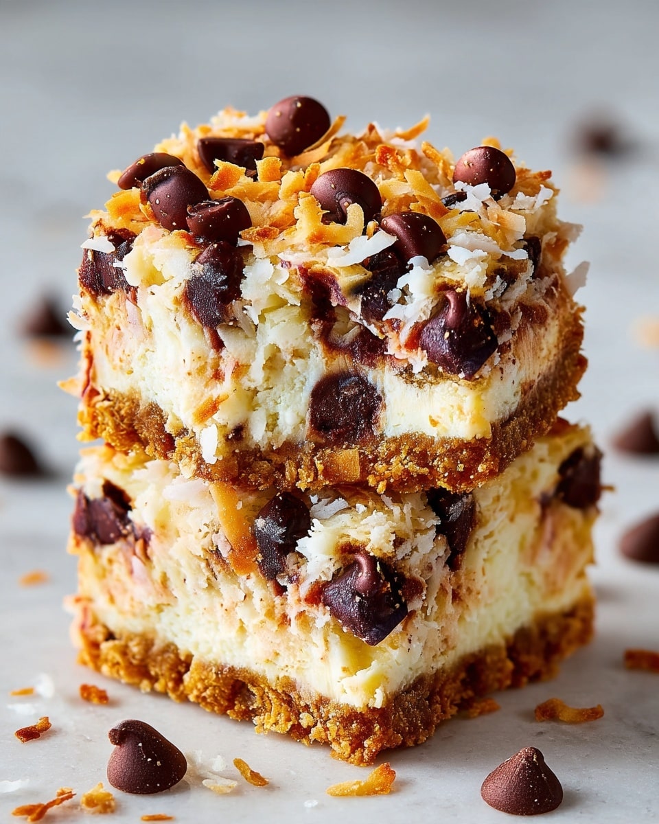 Two square cheesecake bars stacked on top of each other with a white marbled texture in the background. Each bar has three distinct layers: the bottom layer is a golden brown crumbly crust, the middle layer is a thick creamy white cheesecake speckled with dark chocolate chips, and the top layer is a mix of toasted coconut flakes and large dark chocolate chips scattered unevenly. The edges of the cheesecake have a slightly rough texture with visible crumbs and toasted coconut bits falling around the bars. Photo taken with an iphone --ar 4:5 --v 7