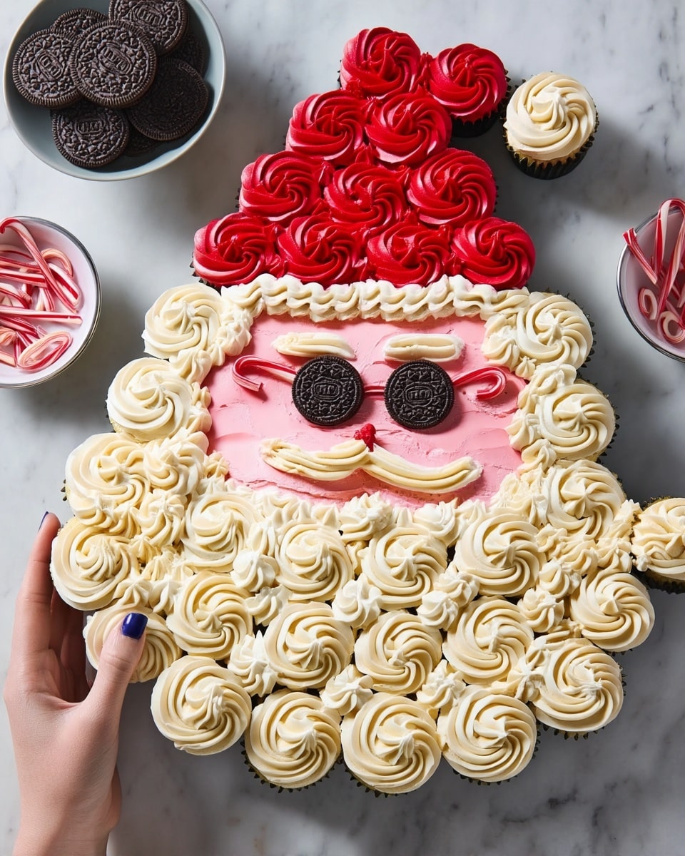 A large group of cupcakes is arranged to look like Santa Claus's face. The top part has one layer of cupcakes with thick, bright red frosting shaped into swirls to form Santa's hat. Below the hat, there is a layer of light pink frosting forming the face on cupcakes. Two Oreo cookies are placed on the pink layer as eyes, with two small candy canes above them as eyebrows. A small red candy is used for the nose. Surrounding the face and below are two layers of cupcakes with creamy white frosting swirled thickly to show Santa's fluffy beard and mustache. A woman's hand with blue nail polish is gently holding one cupcake on the side. In the background, two white bowls with small red and white candy canes and Oreo cookies sit on a white marbled surface. photo taken with an iphone --ar 4:5 --v 7