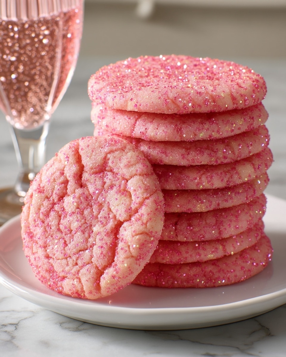 A stack of six round, pink sugar cookies covered with sparkling pink sugar crystals is shown on a white plate, with one cookie positioned upright in front, revealing its cracked surface and sparkling texture in detail. The cookies have a soft, slightly rough texture with a shiny coating of sugar crystals that catch the light. The background shows a white marbled texture surface and a hint of a glass with a textured pattern. Photo taken with an iphone --ar 4:5 --v 7