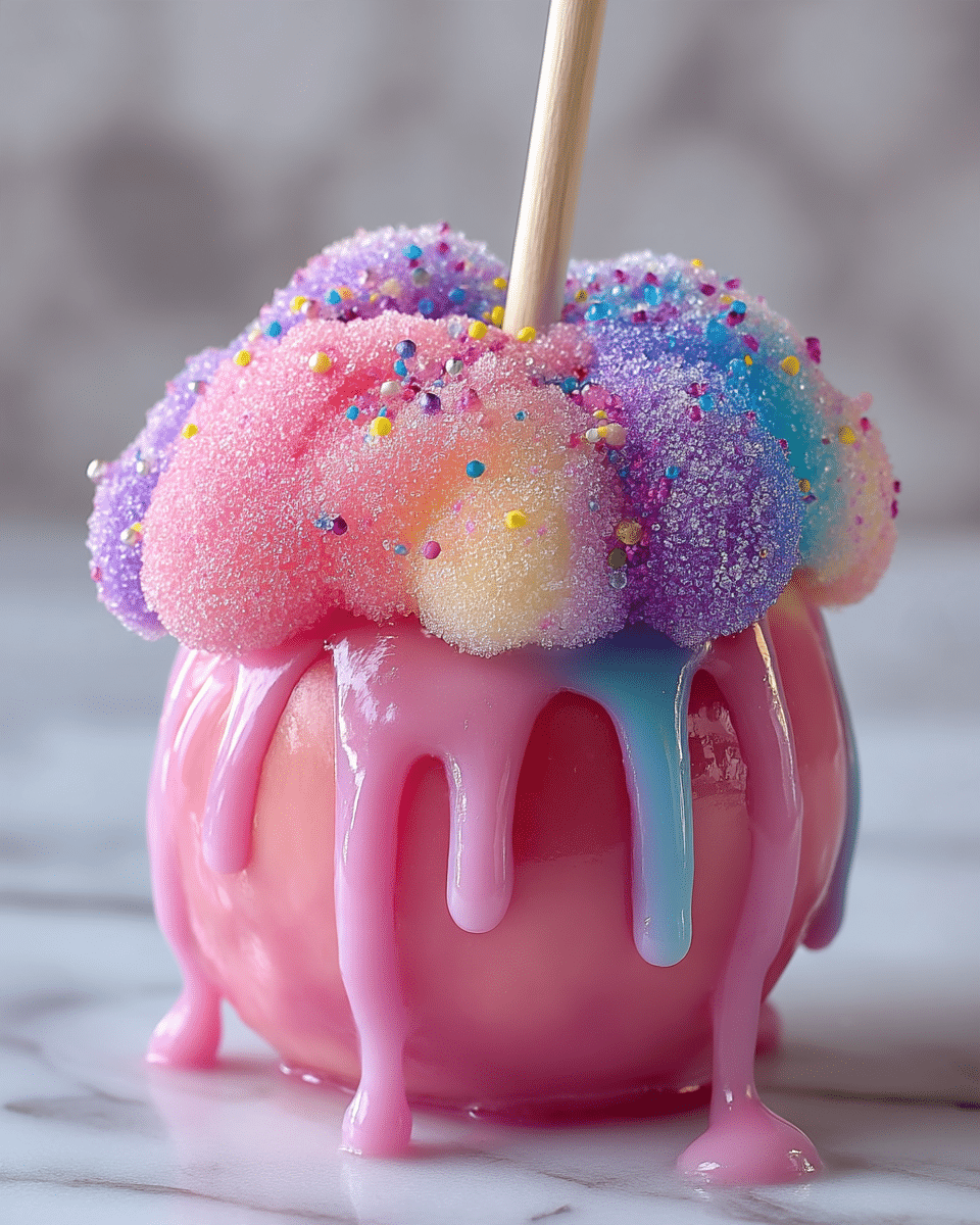The image shows a close-up of a round cake pop with three layers visible: the bottom layer is smooth and shiny pink with a dripping effect down the sides, the middle layer is a soft, fluffy swirl made of sugar crystals in pastel colors of pink, blue, yellow, and purple, and the top is sprinkled with small multi-colored round sprinkles adding texture and color pops. The cake pop is held by a wooden stick standing upright in the center, and more cake pops like this appear blurred in the background on a white marbled surface. photo taken with an iphone --ar 4:5 --v 7