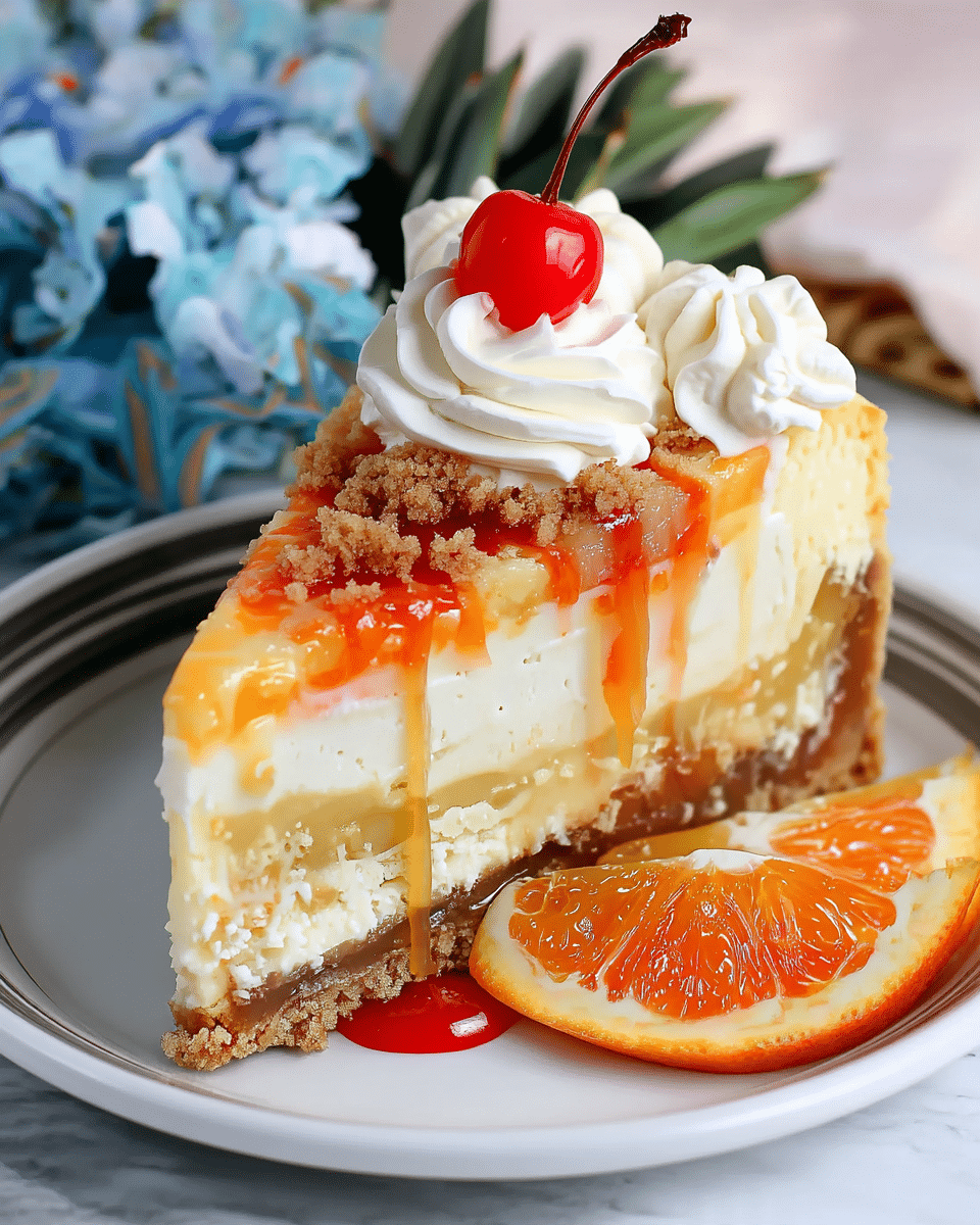 A slice of cheesecake with four visible layers sits on a white plate with a thin silver rim. The bottom layer is a crumbly brown crust, followed by a dense, slightly golden creamy layer, then a thick white cheesecake layer. The top layer is pale yellow with a crumbly topping and orange glaze dripping down slightly. A swirl of white whipped cream topped with a bright red cherry crowns the cheesecake, and two fresh orange slices rest on the plate next to it. The background is a white marbled texture with a blurred hint of foliage and blue flowers. Photo taken with an iphone --ar 4:5 --v 7