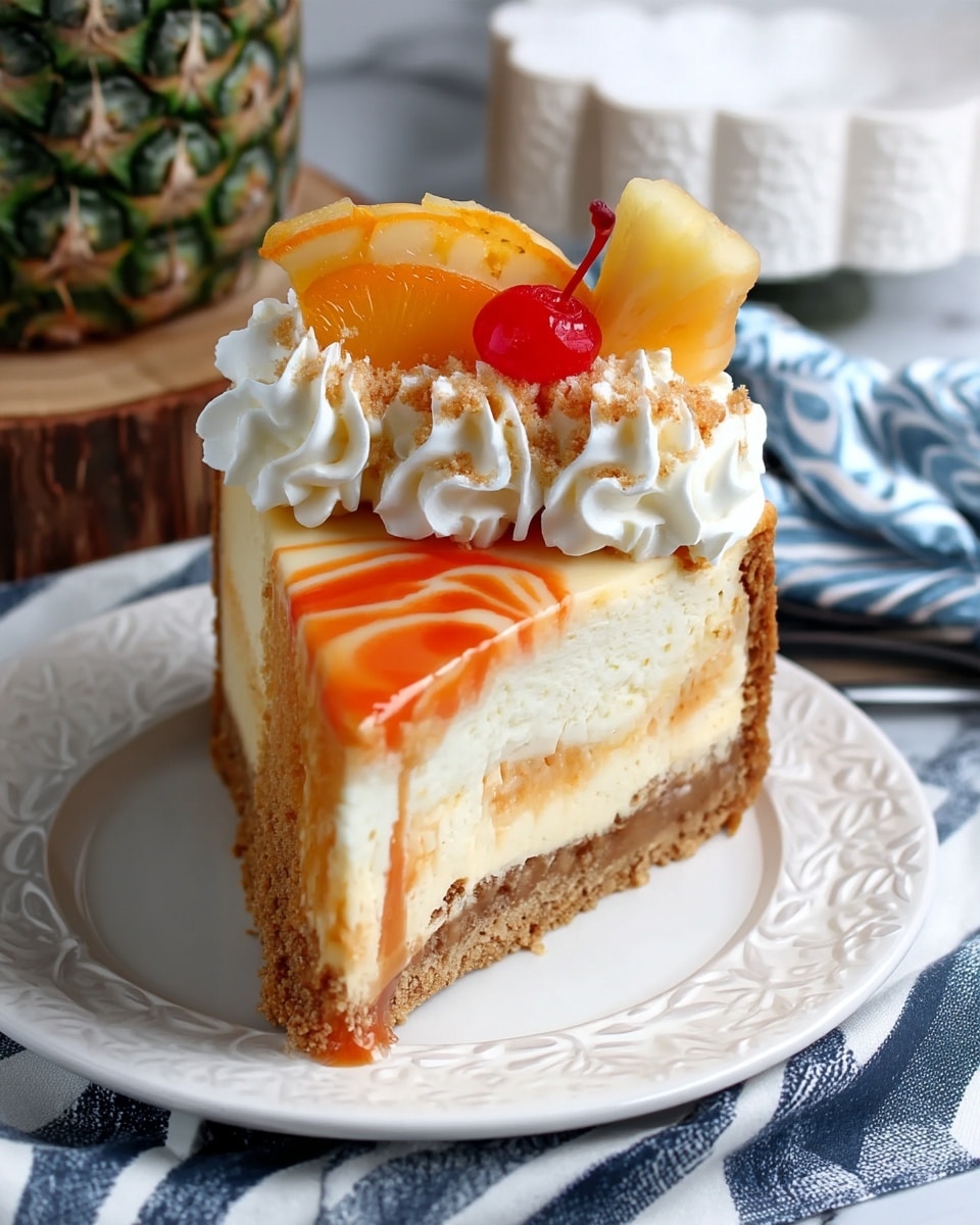 A slice of cheesecake with three main layers sits on a white plate with a floral design on a white marbled surface. The bottom layer is a thick, crumbly light brown crust, the middle layer is a dense cream-colored cheesecake, and the top layer shows a thin swirl of orange and creamy-white sauce. The top of the slice is decorated with white whipped cream rosettes, a red cherry in the center, a small wedge of pineapple on the right, and a wedge of orange behind the cherry. There is also a small sprinkle of light brown crumbs on the whipped cream. A pineapple and a blue-and-white striped cloth are in the background. Photo taken with an iphone --ar 4:5 --v 7