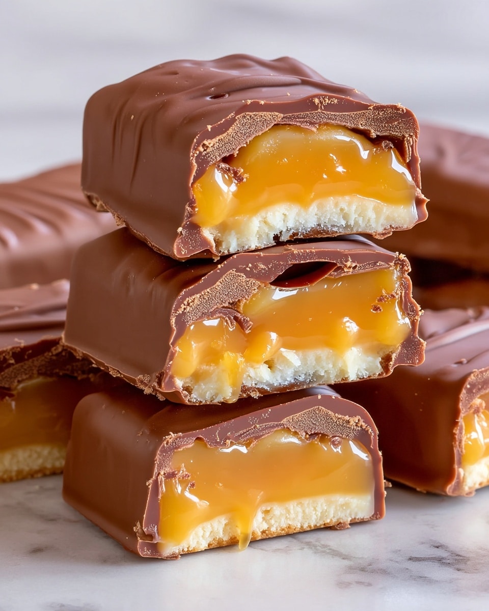 The image shows several chocolate bars on a white marbled surface, with two bars cut open and placed on top of the others. Each bar has three layers: a smooth, shiny dark brown chocolate outer layer with some thin chocolate drizzles on top; a thick middle layer of golden caramel, soft and glossy; and a bottom layer of pale, fluffy cake with a crumbly texture. The bars are stacked closely together, highlighting the contrast between the dark outer chocolate and the light, soft inside layers. photo taken with an iphone --ar 4:5 --v 7