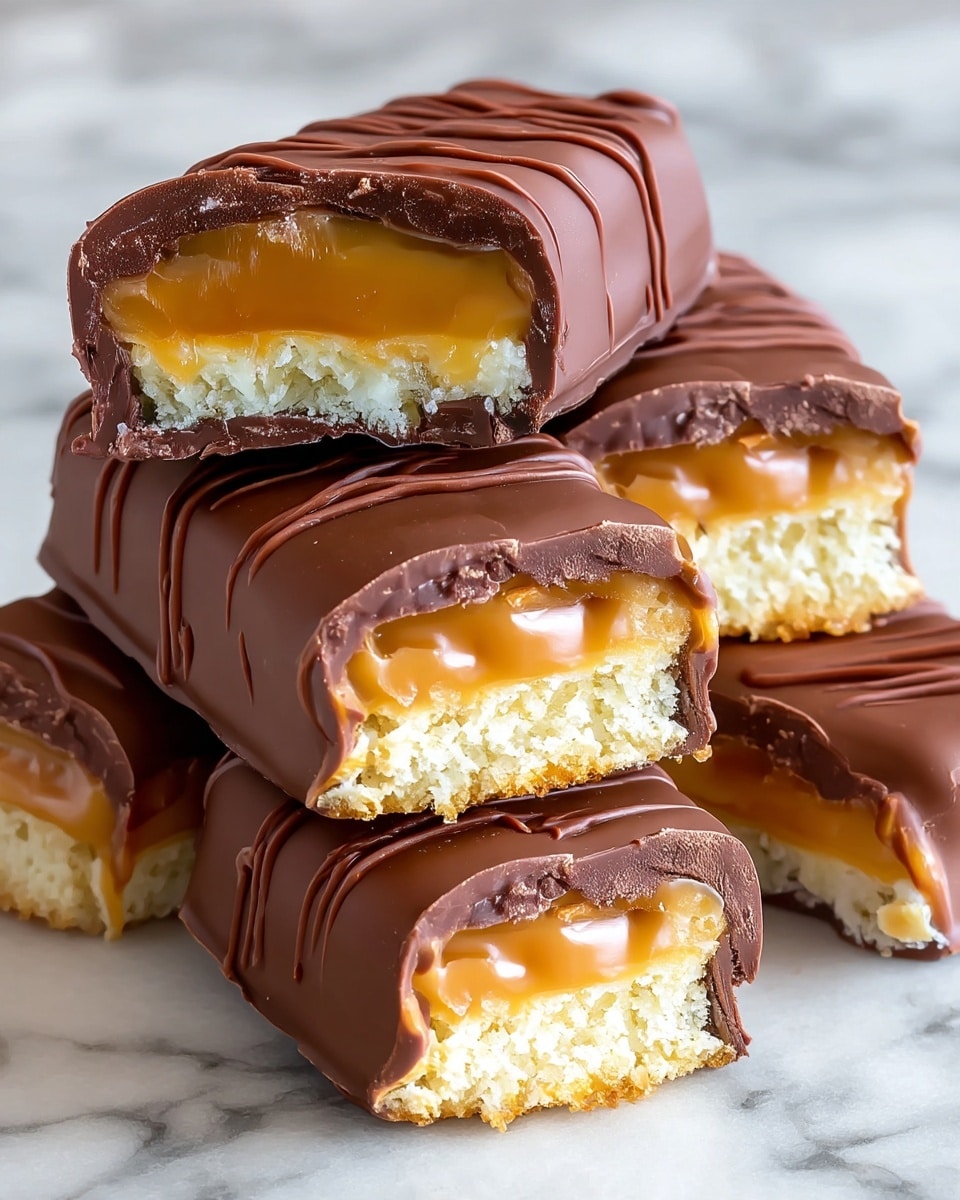 The image shows a close-up of several candy bars stacked together, each bar cut to reveal three layers. The outer layer is a smooth, shiny milk chocolate coating in a light brown color, slightly textured with some small cracks and ridges. Inside, the middle layer is a thick, glossy caramel with a rich golden-yellow color that looks sticky and soft. The bottom layer is a pale beige cookie base that appears crunchy and crumbly with a rough texture. The bars are arranged on a white marbled surface, highlighting the contrast between the shiny chocolate and the soft caramel filling. photo taken with an iphone --ar 4:5 --v 7