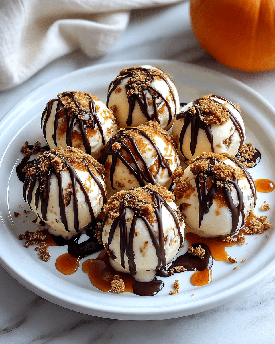 A white plate holds eight round scoops of creamy white ice cream arranged close together. Each scoop is drizzled with dark chocolate sauce in thin lines falling from the top to the sides. Golden brown crumbly pieces are scattered on top of the scoops and around the plate, adding texture. A light caramel sauce pools softly under and around the scoops, creating a glossy contrast. In the background, an orange pumpkin slightly blurred can be seen, with a light cloth beside it, all set on a white marbled surface. Photo taken with an iphone --ar 4:5 --v 7