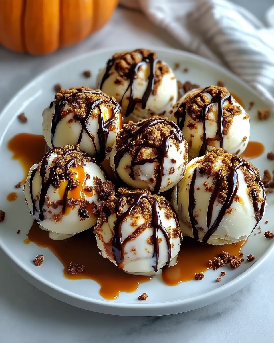A white plate holds eight smooth, round scoops of white ice cream arranged close together. Each scoop is topped with a layer of crumbly brown cookie crumbs, adding a rough texture on top. Dark chocolate sauce is drizzled over each scoop in thin stripes, while golden caramel syrup pools lightly around the base of the scoops and drips onto the plate. The plate sits on a white marbled texture surface, with a blurry orange pumpkin and white cloth in the background. photo taken with an iphone --ar 4:5 --v 7
