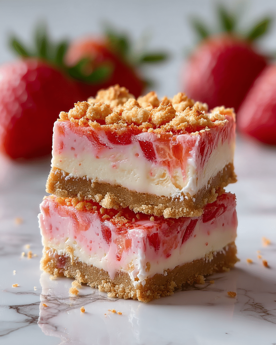 Two square pieces of a dessert are stacked on top of each other, placed on a white marbled surface. Each piece has three layers: a crumbly light brown base, a thick white creamy middle layer, and a light pink jelly-like top layer mixed with small red bits, giving a slightly shiny texture. The top is sprinkled with crumbly golden brown crumbs. In the blurred background, fresh whole strawberries with green leaves are visible. Photo taken with an iphone --ar 4:5 --v 7
