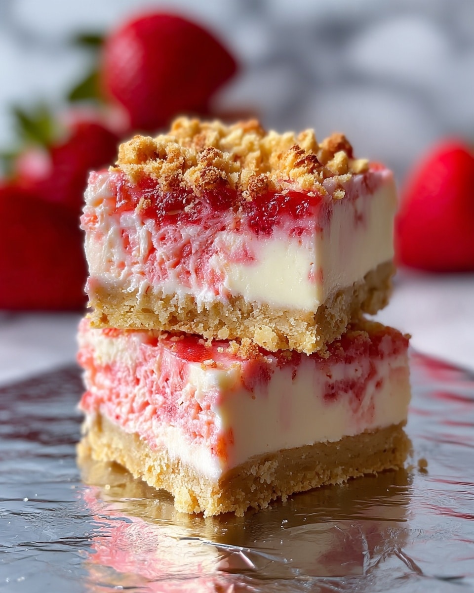The image shows two square dessert bars stacked on top of each other with four visible layers. The bottom layer is a light golden crumbly crust. Above this is a creamy white layer, followed by a pinkish-white creamy layer with small red swirls. On top of that is a layer of red strawberry jelly, covered with a crumbly golden topping, with one whole bright red strawberry blurred in the background. The bars are on reflective silver foil, with a soft-focus white marbled texture behind. photo taken with an iphone --ar 4:5 --v 7
