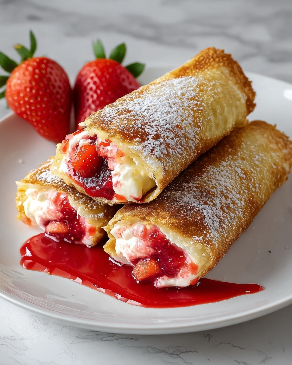 The image shows three golden-brown rolled crepes placed on a white plate with a little red sauce dripping around them. Two crepes are stacked slightly on top of each other, and one is cut open to reveal its three layers: a thin crispy outer crepe layer, a middle layer of creamy white filling, and a juicy red strawberry filling with visible strawberry pieces in the center. The crepes are lightly dusted with powdered sugar. In the background, there are whole fresh strawberries adding a pop of red color, all placed on a white marbled surface. photo taken with an iphone --ar 4:5 --v 7