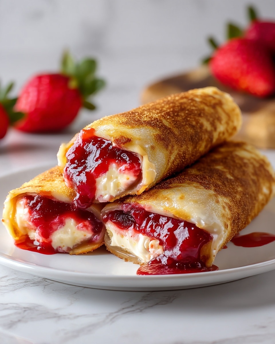Three rolled crepes are stacked on a white plate, each cut open to reveal two layers inside: a thick, creamy beige layer of filling on the bottom and a glossy, rich red strawberry jam layer on top. The crepes are golden brown with a slightly crispy texture on the outside. Some red strawberry jam oozes onto the plate, adding a vibrant splash of color. Bright red strawberries and a wooden board are blurred in the white marbled background. photo taken with an iphone --ar 4:5 --v 7