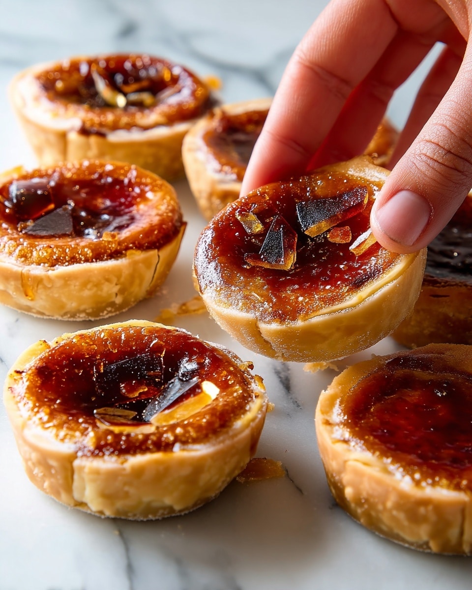Six small tarts with a golden brown, flaky crust sit on a white marbled surface. Each tart has a smooth, shiny, caramelized top layer, some showing dark amber bubbles and cracks with pieces of thin, translucent caramel shards. The crusts are slightly uneven but crispy, enclosing a soft filling just under the glossy surface. A woman's hand is gently lifting one tart, showing its side with delicate layers of crust and a soft, creamy center beneath the caramelized top. Photo taken with an iphone --ar 4:5 --v 7