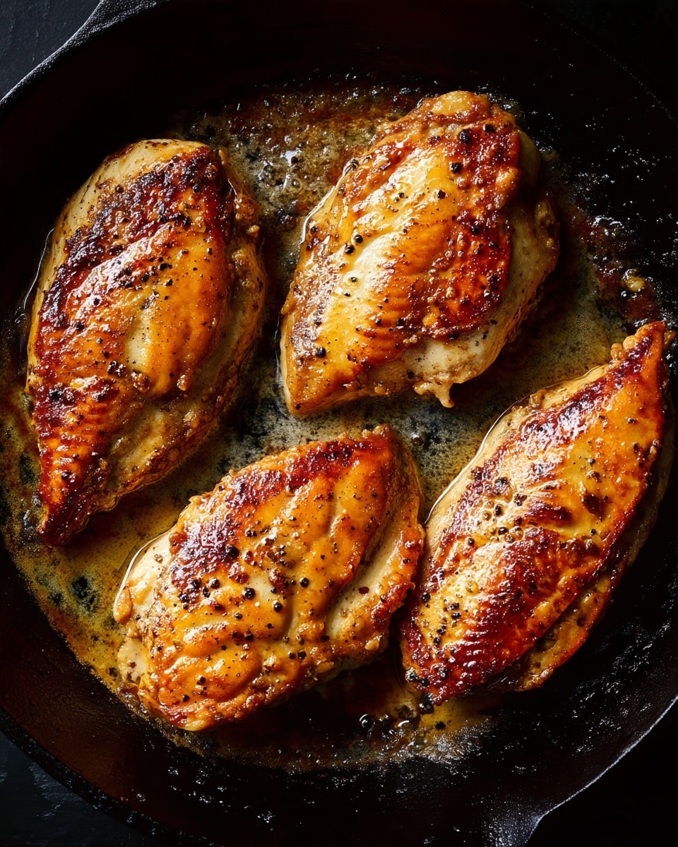 Four thick chicken breasts with golden brown, crispy skin covered with specks of black pepper, sit sizzling in a black cast iron pan. A layer of bubbling butter and seasoning surrounds the chicken, giving a rich, oily texture with a mix of light and dark caramelized spots on the skin. The pan's rough black surface contrasts with the warm, golden tones of the meat, showing different textures from crispy edges to moist center parts. photo taken with an iphone --ar 4:5 --v 7