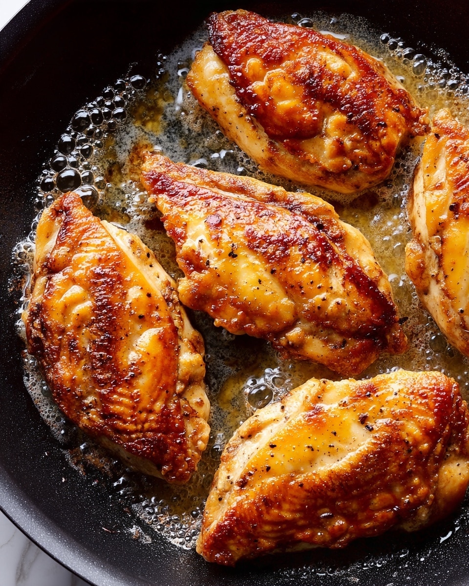 Close-up view of four pieces of golden brown chicken breasts frying in a black pan. Each chicken piece shows a crisp, slightly rough textured skin with uneven browning and specks of black pepper. The sizzling butter or oil around the edges creates small bubbles and a light foam that contrasts with the shiny, dark surface of the pan. The chicken breasts are thick and plump, layered closely together as they cook. The background features a white marbled texture. Photo taken with an iphone --ar 4:5 --v 7