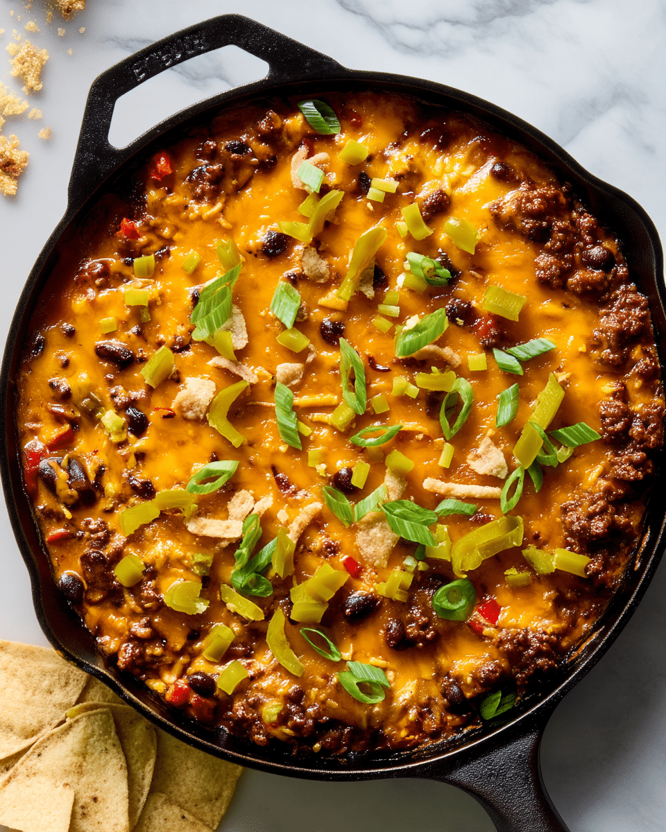 The image shows a cast iron skillet filled with a layered hot dip. The bottom layer is a dark brown mix of cooked beans and ground meat, with some red bell pepper pieces mixed in, giving it a textured look. On top of this is a thick layer of melted orange cheddar cheese covering most of the dip except for some areas around the edges. Scattered on the cheese are small green slices of fresh scallions and bright yellow-green pepper slices which add color contrast. There are also golden, crispy fried onion strips sprinkled across, adding a crunchy texture. The skillet is placed on a white marbled surface with some beige tortilla chips partially visible in the bottom left corner. Photo taken with an iphone --ar 4:5 --v 7