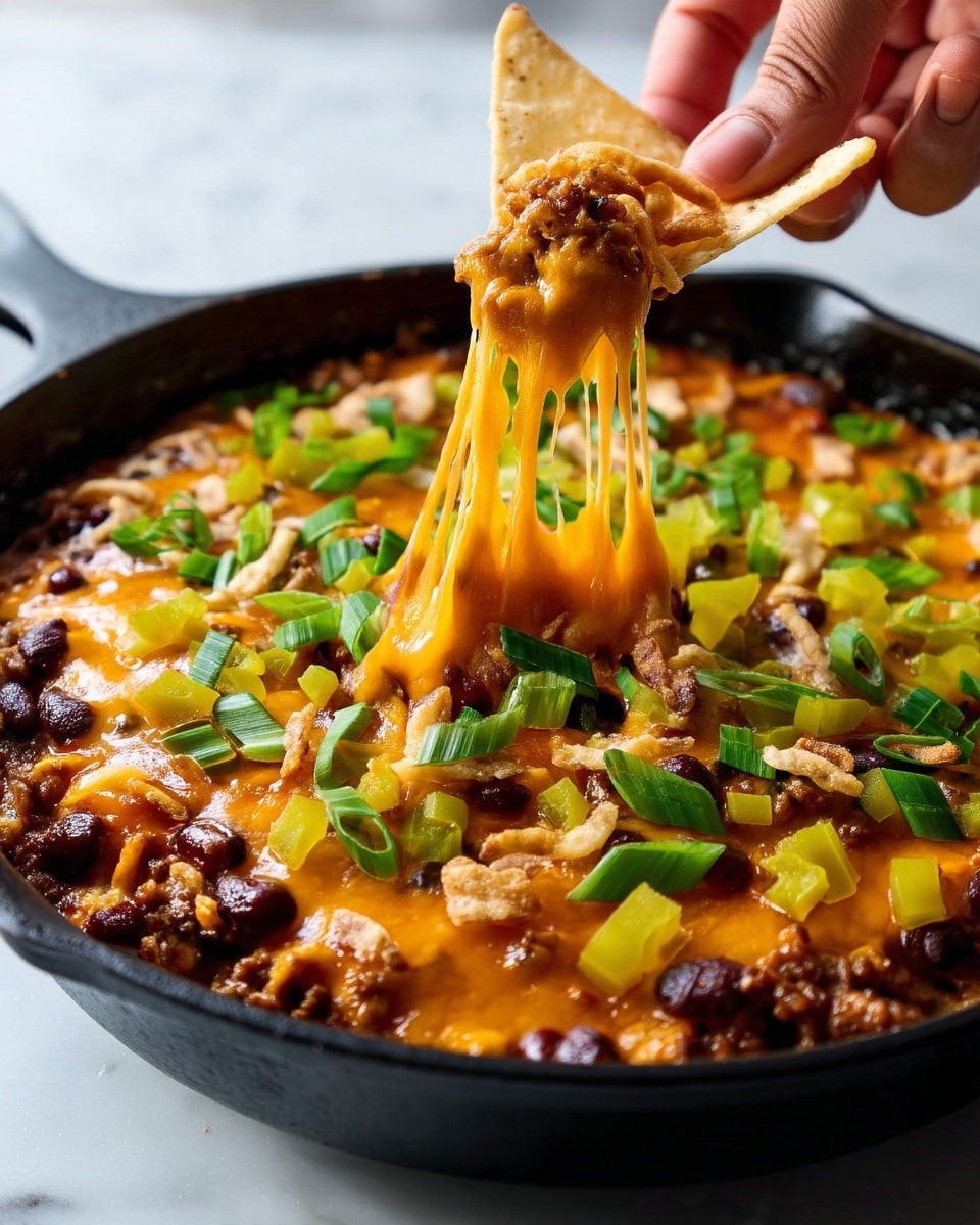 The image shows a skillet filled with a cheesy dip that has three main layers: a base mixed with beans and some ground meat in brown and dark red colors, a thick middle layer of melted, bright orange cheese stretching as a woman's hand lifts a chip covered in the dip, and a top layer sprinkled with chopped green onions, diced yellow peppers, and crispy light brown fried onions. The skillet is black and sits on a white marbled surface. The textures include gooey melted cheese, crunchy fried onions, and fresh chopped vegetables. Photo taken with an iphone --ar 4:5 --v 7