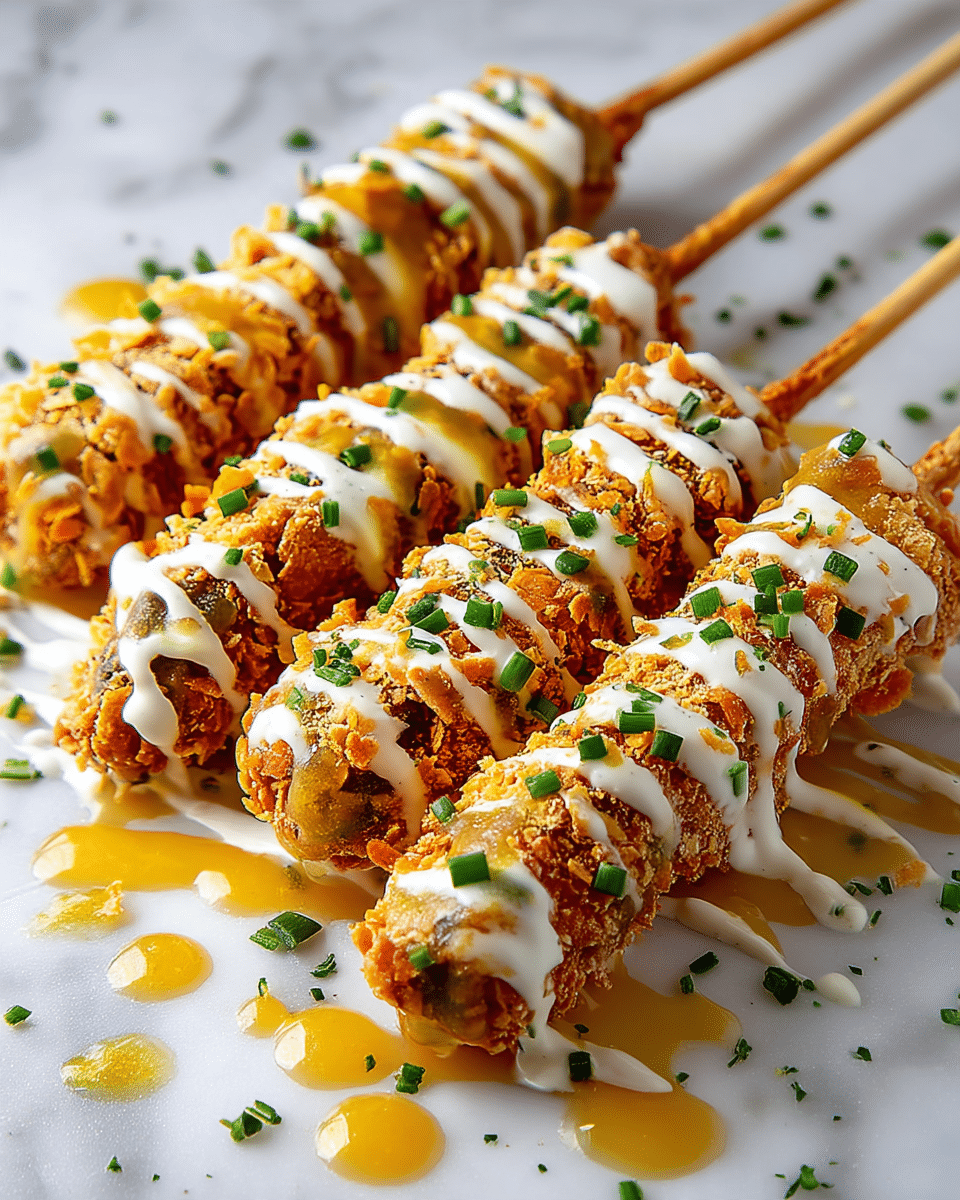 The image shows close-up of three skewers of fried food arranged parallel on white marbled textured surface. Each skewer has multiple round pieces, crispy with golden brown crunchy coating. The pieces are covered with white creamy sauce drizzled over the top, and sprinkled with small chopped green herbs. Pooled golden liquid sauce is visible around the skewers on the surface. The texture of the fried pieces appears rough and crunchy with uneven layers of batter. photo taken with an iphone --ar 4:5 --v 7