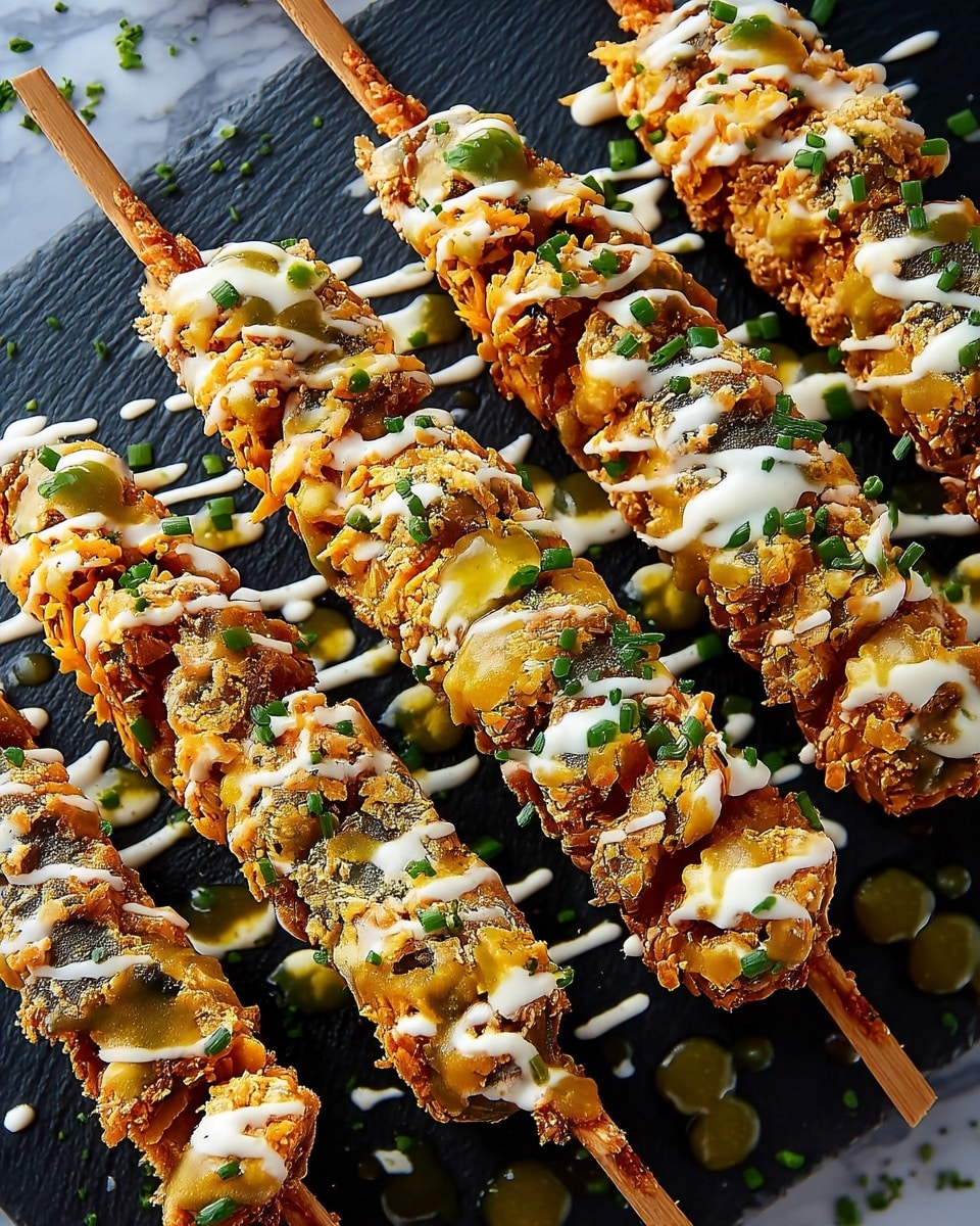 The image shows several golden-brown crispy fried food pieces on wooden sticks arranged in rows on a dark surface. Each stick holds layered pieces that are crunchy with a cracked texture, and they are drizzled with smooth creamy white sauce and a light green sauce. Small pieces of chopped green herbs are sprinkled on top and around the sticks, contrasting with the crispy yellow and brown colors. The background is a white marbled texture. photo taken with an iphone --ar 4:5 --v 7
