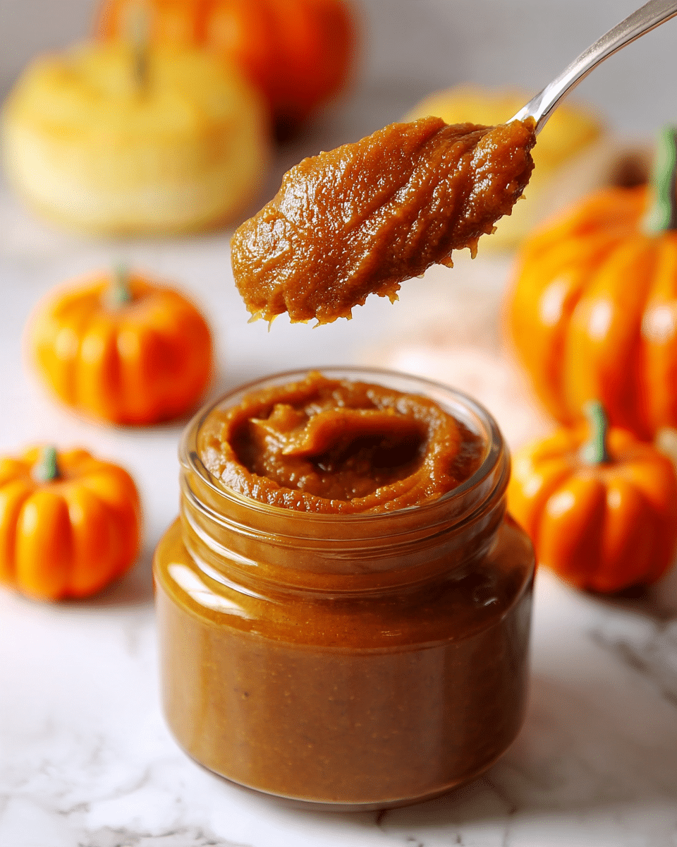 A close-up image showing a glass jar filled with thick, smooth pumpkin puree that has a rich orange-brown color and slightly grainy texture. A woman's hand holds a silver knife above the jar, lifting a generous spread of the puree which looks creamy and dense. In the soft background, there are small orange pumpkins and blurred yellow shapes resting on a white marbled surface, adding a cozy autumn feel. photo taken with an iphone --ar 4:5 --v 7