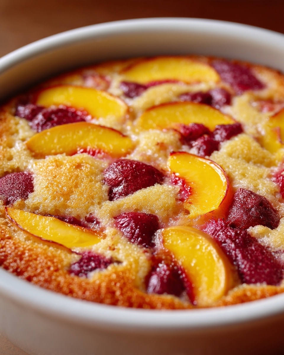 The image shows a close-up of a round baked dessert in a white bowl, featuring a soft, golden-brown baked layer dotted with yellow peach slices and darker red fruit pieces spread unevenly on top. The dessert surface looks moist and slightly glossy, with a mixture of smooth cake texture and juicy fruit shapes, all nestled closely together within the bowl. Photo taken with an iphone --ar 4:5 --v 7