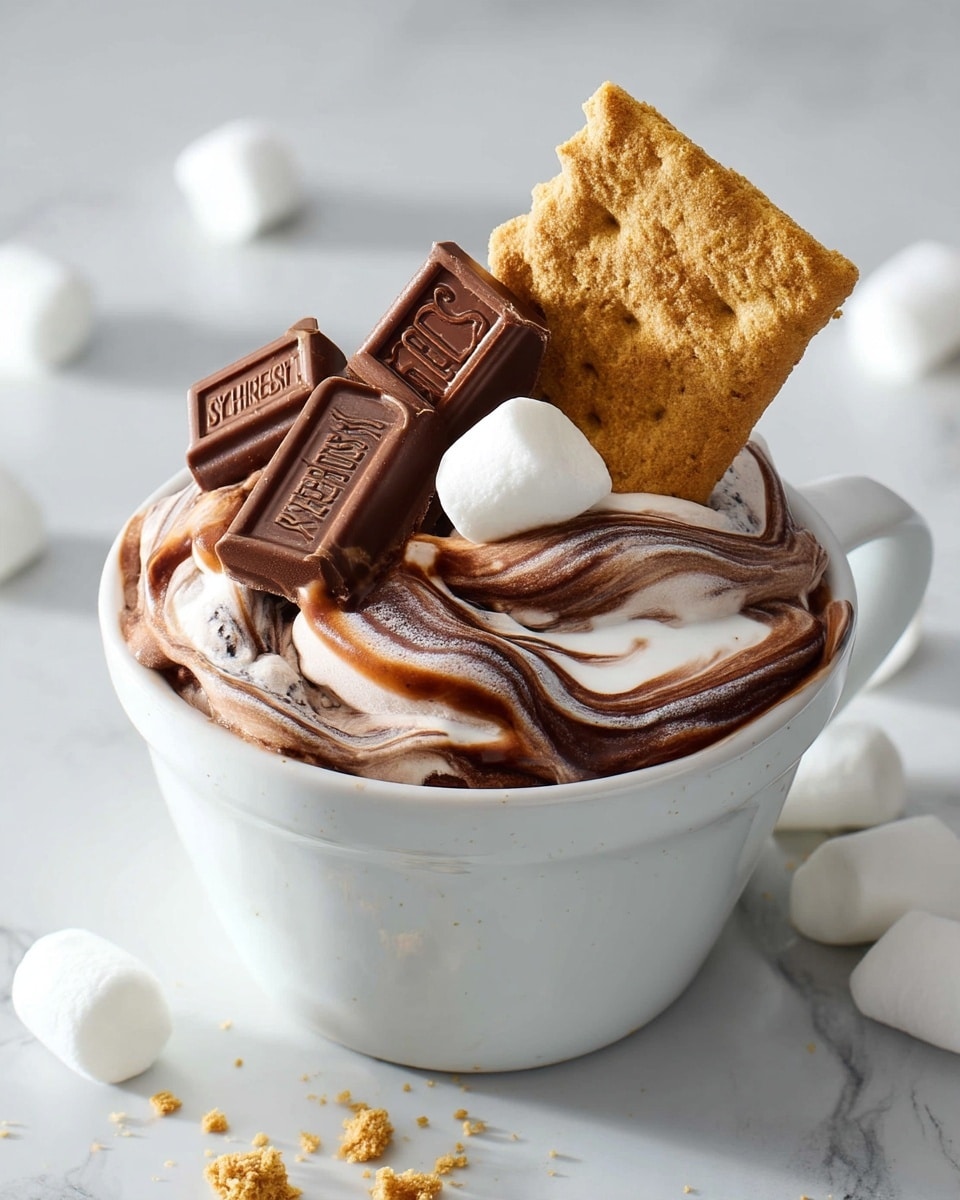 A white ceramic cup filled with swirled chocolate and vanilla ice cream showing smooth creamy textures, topped with square pieces of Hershey's chocolate bars that are shiny and dark brown, a large textured light brown graham cracker resting on one side, and a small white marshmallow near the top. The cup sits on a white marbled surface with some scattered white marshmallows around it. Photo taken with an iphone --ar 4:5 --v 7