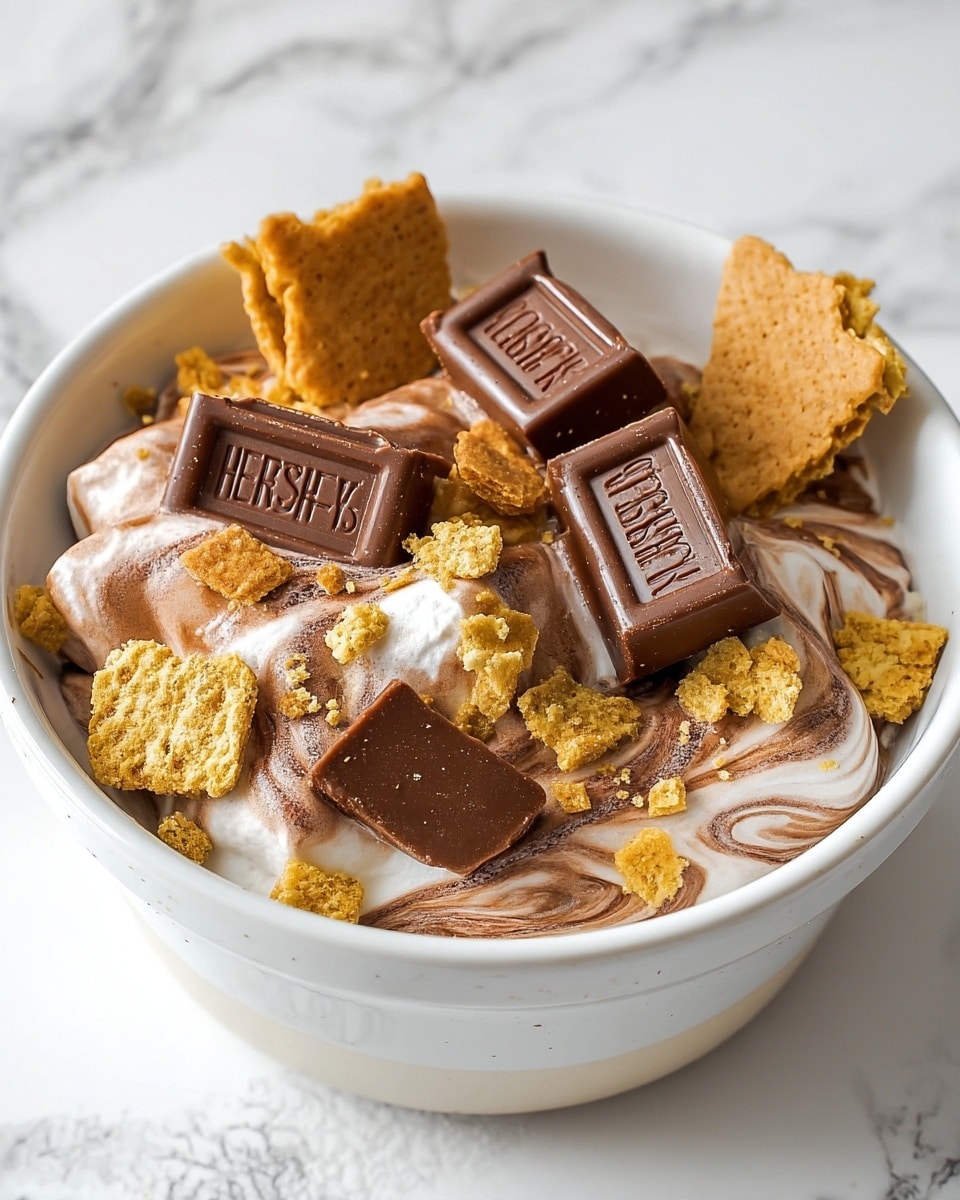 A white bowl filled with a creamy mix of swirled light brown and white marshmallow or mousse layers, topped with several large chunks of milk chocolate squares, some with visible Hershey's branding, and scattered pieces of golden crushed graham crackers adding a crunchy texture. The bowl is placed on a white marbled surface. photo taken with an iphone --ar 4:5 --v 7