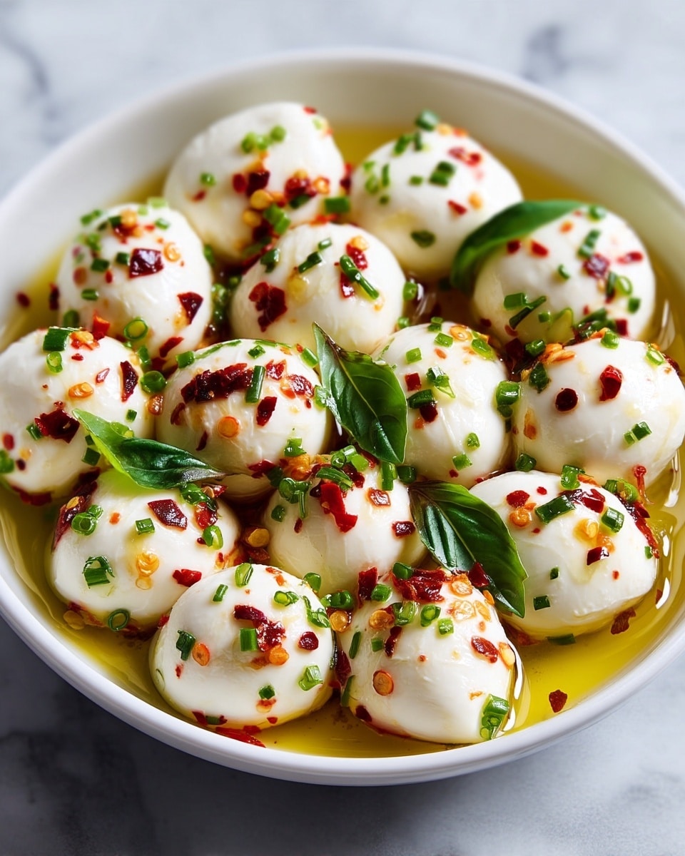 A close-up image shows many small white mozzarella balls arranged tightly in a white bowl, covered with shiny olive oil. The mozzarella balls have smooth, soft textures and are sprinkled generously with chopped green chives and small red chili flakes. Some fresh green basil leaves are scattered on top, adding a fresh touch and deep green color contrast to the white cheese. The scene is bright and sharp with shining oil drops making the dish look fresh and inviting. The bowl sits on a white marbled textured surface. photo taken with an iphone --ar 4:5 --v 7