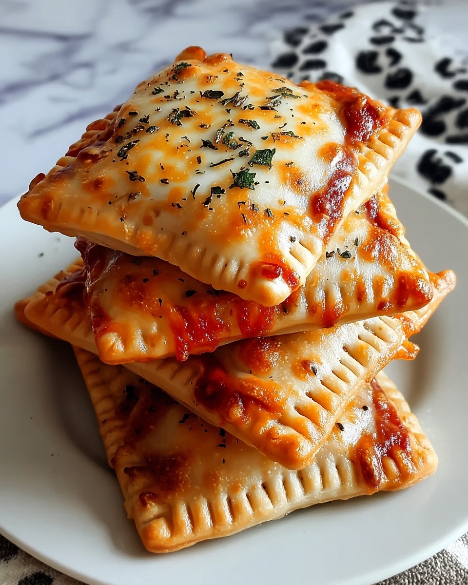 The image shows a stack of five square pizza pockets on a white plate, each pocket having a golden-brown crust with crimped edges. The top layer is covered in melted cheese that is bubbly and slightly browned, sprinkled with small bits of dried green herbs. Through some parts of the crust, you can see red tomato sauce peeking out, adding a touch of color. The background is a white marbled texture with a slight blur, and there is a black and white patterned cloth partly visible behind the plate. photo taken with an iphone --ar 4:5 --v 7