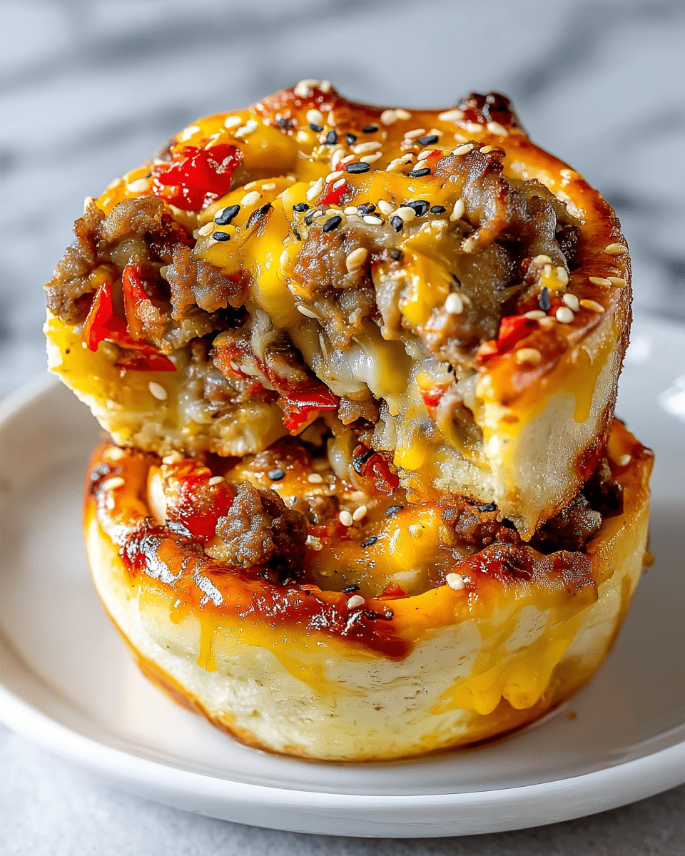 This image shows close-up savory spiral rolls stacked on a white plate, each roll has three main layers: the base dough layer is golden brown and thick, the filling inside includes cooked ground sausage mixed with small pieces of red pepper, and the top layer melts a bright yellow cheddar cheese that oozes slightly down the sides. The rolls are sprinkled with toasted white and black sesame seeds, adding texture and contrast on the cheesy meat top. Photo taken with an iphone --ar 4:5 --v 7