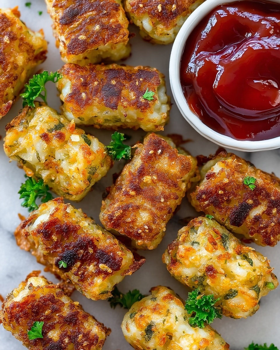 A collection of small, rectangular golden-brown tater tots with a crispy outside showing little bits of green herbs mixed in, arranged close together on a white marbled surface. The tater tots have a rough, crunchy texture with uneven browning on top, and some are topped with tiny fresh green parsley leaves. To the side, there is a small white bowl filled with smooth, shiny, deep red ketchup that contrasts with the tots. The overall look is warm and inviting, highlighting the crispy finish and fresh herbs. photo taken with an iphone --ar 4:5 --v 7