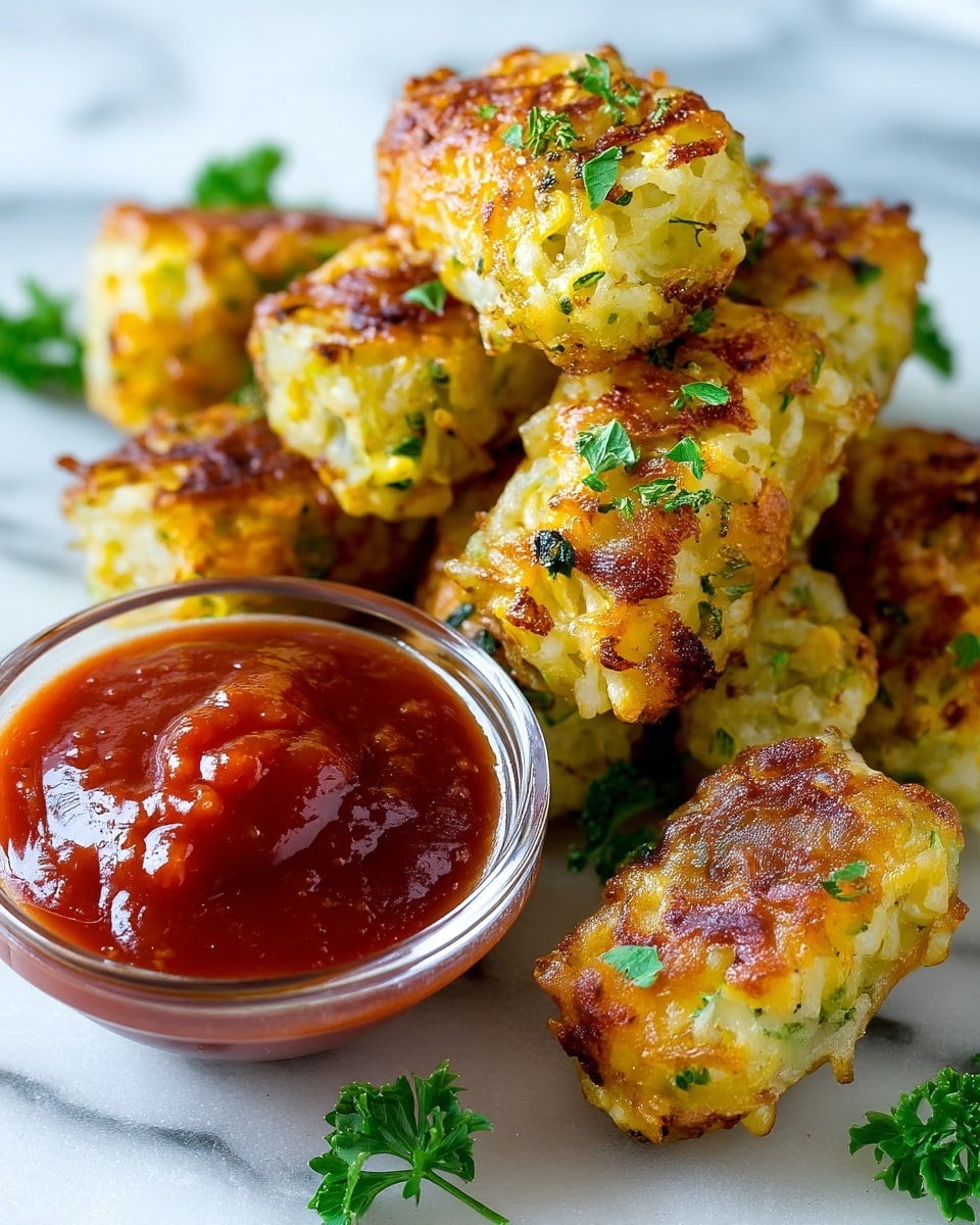 This image shows a close-up of golden-brown tater tots made from grated potatoes mixed with green herbs, giving a speckled look of green and yellow inside the crispy outer layer. The tots are piled on a white marbled surface with small pieces of green parsley scattered on top and around them. On the left side, a clear glass bowl holds thick red ketchup with a shiny, smooth texture. The overall look is warm and crispy with a fresh touch from the herbs and parsley photo taken with an iphone --ar 4:5 --v 7