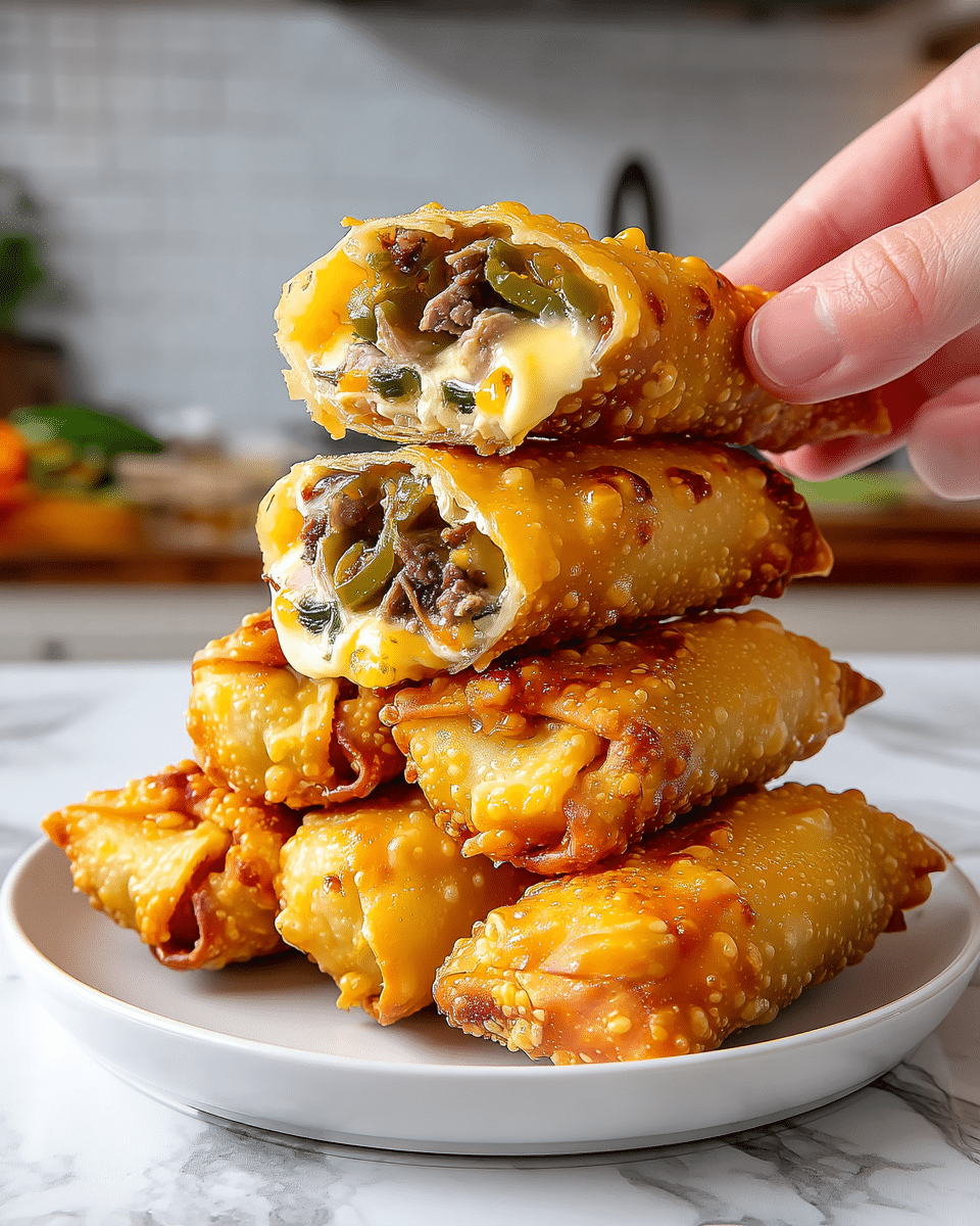 A stack of seven golden brown egg rolls is shown on a white plate, with two egg rolls cut in half and placed on top, revealing their filling. The crispy outer layer is bubbled and shiny, and the filling inside has three layers: a creamy light yellow melted cheese, dark brown shredded meat mixed with green sliced peppers, and bits of orange and green vegetables. A woman's hand is holding one of the cut egg rolls from above, with a blurred kitchen background and a white marbled surface. photo taken with an iphone --ar 4:5 --v 7
