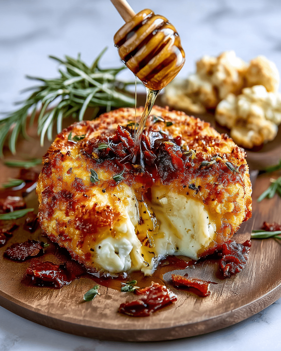 A round fried cheese ball with a crispy, golden brown crumb coating is cut open to show soft, melted white cheese flowing out, mixed with green herbs inside. The top is decorated with dark purple and green olives, sun-dried tomato pieces, and green herbs. At the base, a slice of lemon and green herb sprigs lie on a dark plate. The dish is shiny with oil and herbs dripping around it, all placed on a white marbled surface. photo taken with an iphone --ar 4:5 --v 7