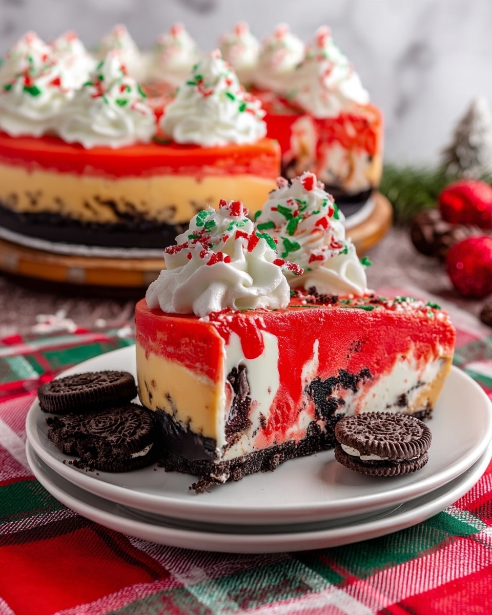 A slice of cheesecake with three visible layers sits on a white plate atop a red and green plaid cloth. The bottom layer is a dark, crumbly chocolate cookie crust. The middle layer is thick, creamy white cheesecake mixed with chunks of chocolate cookies. The top layer is a smooth, bright red gelatin-like layer that slightly drips down into the cheesecake layer. Three swirls of white whipped cream topped with red and green sprinkles rest on top of the red layer. Next to the cheesecake slice are a whole chocolate sandwich cookie and two broken cookie pieces. In the background, a full cheesecake with the same layers sits on a wooden base against a white marbled texture. Photo taken with an iphone --ar 4:5 --v 7