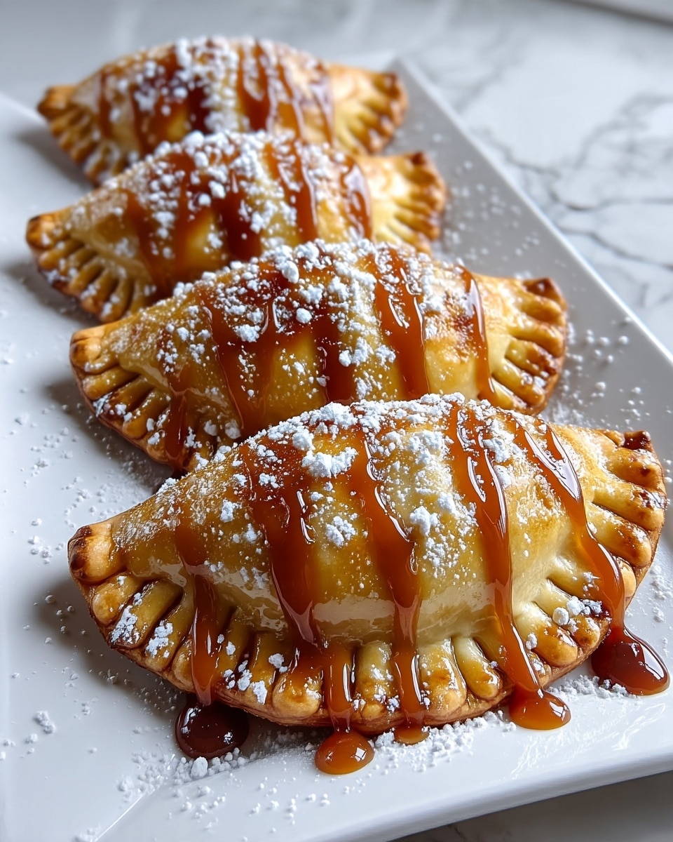 Four golden-brown, folded pastries with crimped edges are placed closely in a row on a white rectangular plate. Each pastry is drizzled with a thick, glossy caramel sauce running diagonally across the top, and dusted generously with white powdered sugar, adding a soft, snowy texture. The pastries have a slightly puffed and flaky texture, showing a warm, crispy surface. The plate sits on a white marbled surface. photo taken with an iphone --ar 4:5 --v 7