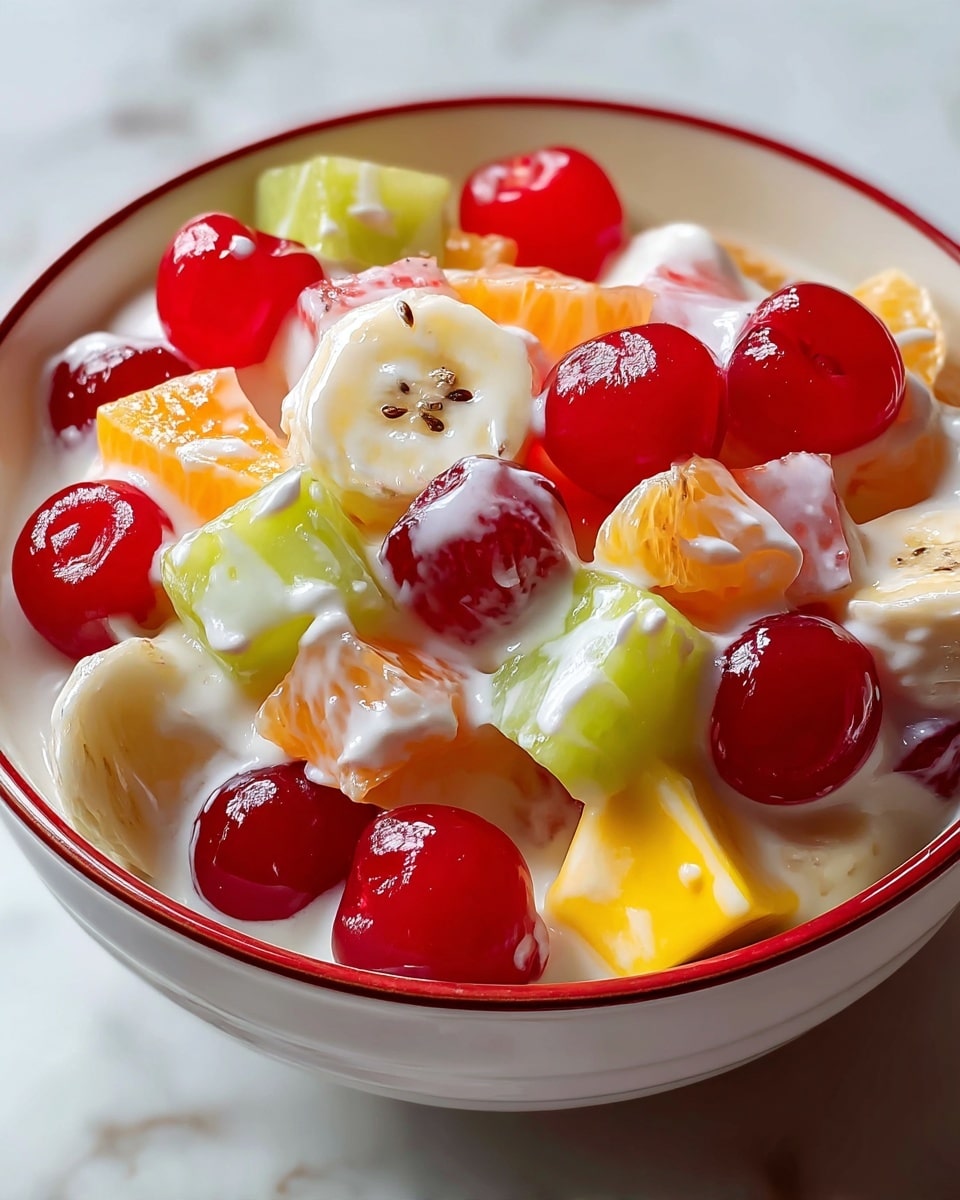 A white bowl filled with a colorful fruit salad covered in creamy yogurt is shown. The fruit salad has three main visible layers: the bottom layer has green chunks of kiwi and light orange pieces of cantaloupe, the middle layer includes bright yellow chunks of pineapple and pale slices of banana, and the top layer shows shiny red cherries scattered all around. The creamy yogurt is spread unevenly, covering some fruit pieces and pooling slightly between them. The bowl sits on a white marbled surface. photo taken with an iphone --ar 4:5 --v 7