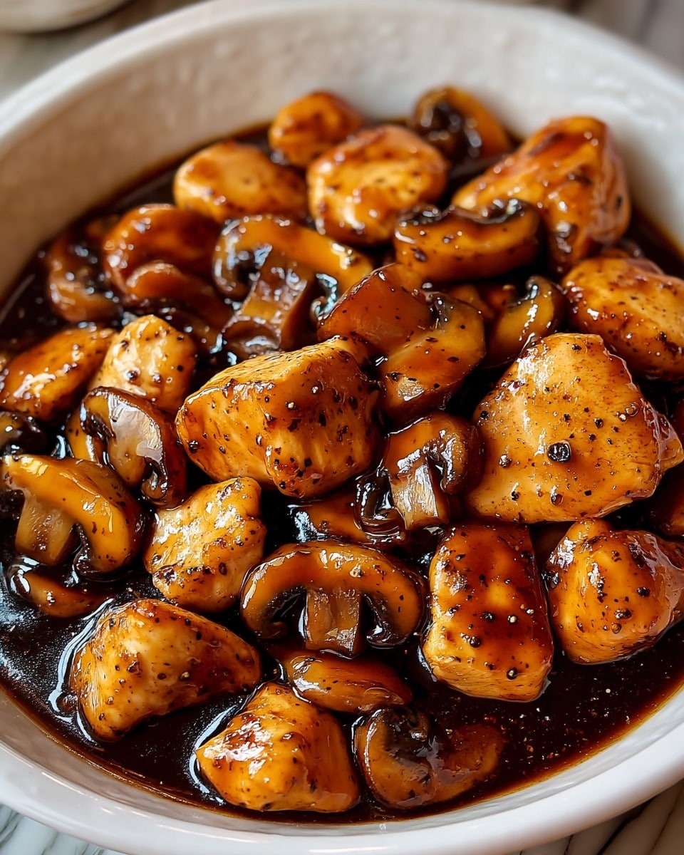 The image shows a close-up of a dish with pieces of chicken and sliced mushrooms covered in a thick, dark brown glossy sauce with black pepper flakes scattered on top. The chicken pieces are golden brown and tender-looking, while the mushrooms appear soft and slightly shiny. The food fills the frame fully, showing the rich texture and the sauce's shine in the light. The background is not visible clearly but appears dark, focusing all attention on the warm colors and glossiness of the cooked chicken and mushrooms. Photo taken with an iphone --ar 4:5 --v 7