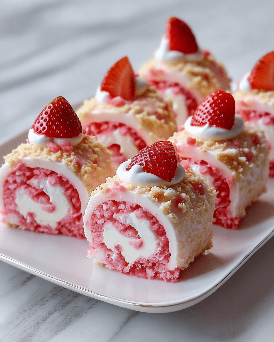 The image shows multiple pieces of a strawberry roll cake arranged in two rows on a white plate. Each piece has a pink sponge cake layer rolled with white cream inside, creating a spiral pattern. The outside of the roll is coated with white icing and sprinkled with light beige crumbs. On top of each piece, there is a small dollop of white cream holding a red half strawberry. The plate is placed on a surface with a white marbled texture. photo taken with an iphone --ar 4:5 --v 7