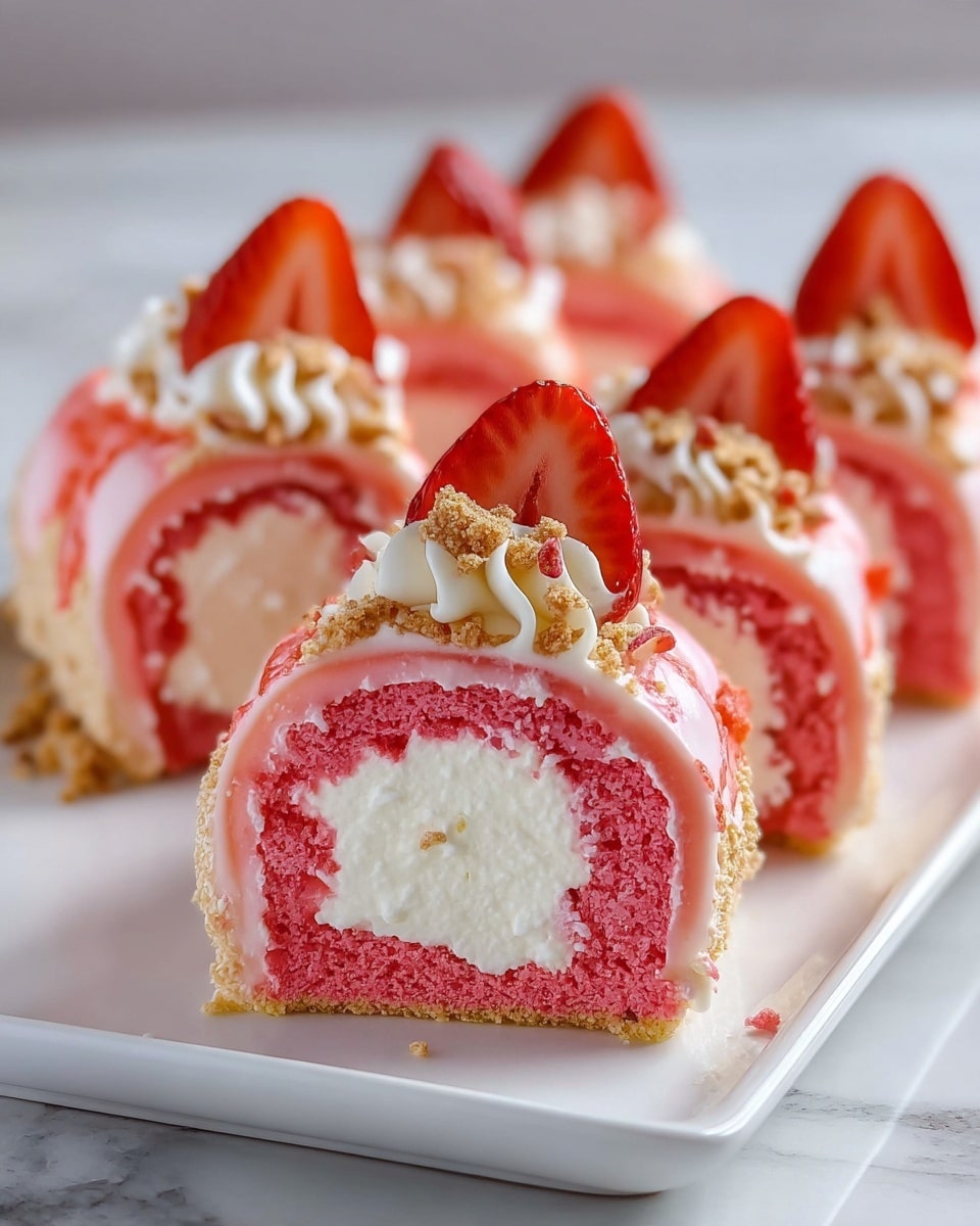 A row of strawberry roll cakes is neatly placed on a long white rectangular plate set on a white marbled surface. Each roll has three main layers: a bright pink soft cake outer layer, a thick white creamy filling inside, and a light pink glaze covering the outer cake surface. On top of each roll, there is a swirl of white cream and a half slice of fresh strawberry standing upright. Crushed crumbs with a golden brown color are sprinkled on the glaze and around the cream, adding a crunchy texture. The cakes are arranged closely in a straight line, with sharp focus on the front roll and a soft blur on the back ones. photo taken with an iphone --ar 4:5 --v 7
