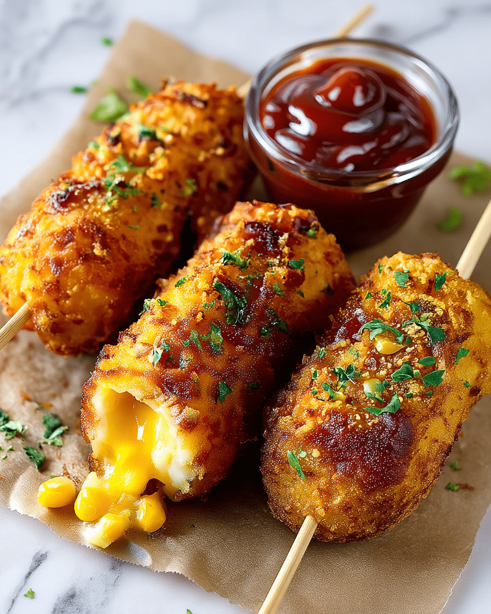 The image shows three golden-brown fried corn dogs on wooden sticks, with a crispy, textured breaded outer layer sprinkled with green herbs. Two of the corn dogs are cut open, revealing melted, gooey yellow cheese mixed with pieces of sweet corn inside. They rest on a piece of brown parchment paper placed on a white marbled surface. A small clear glass bowl filled with thick dark red ketchup is visible in the background, positioned near the corn dogs. The photo taken with an iphone --ar 4:5 --v 7