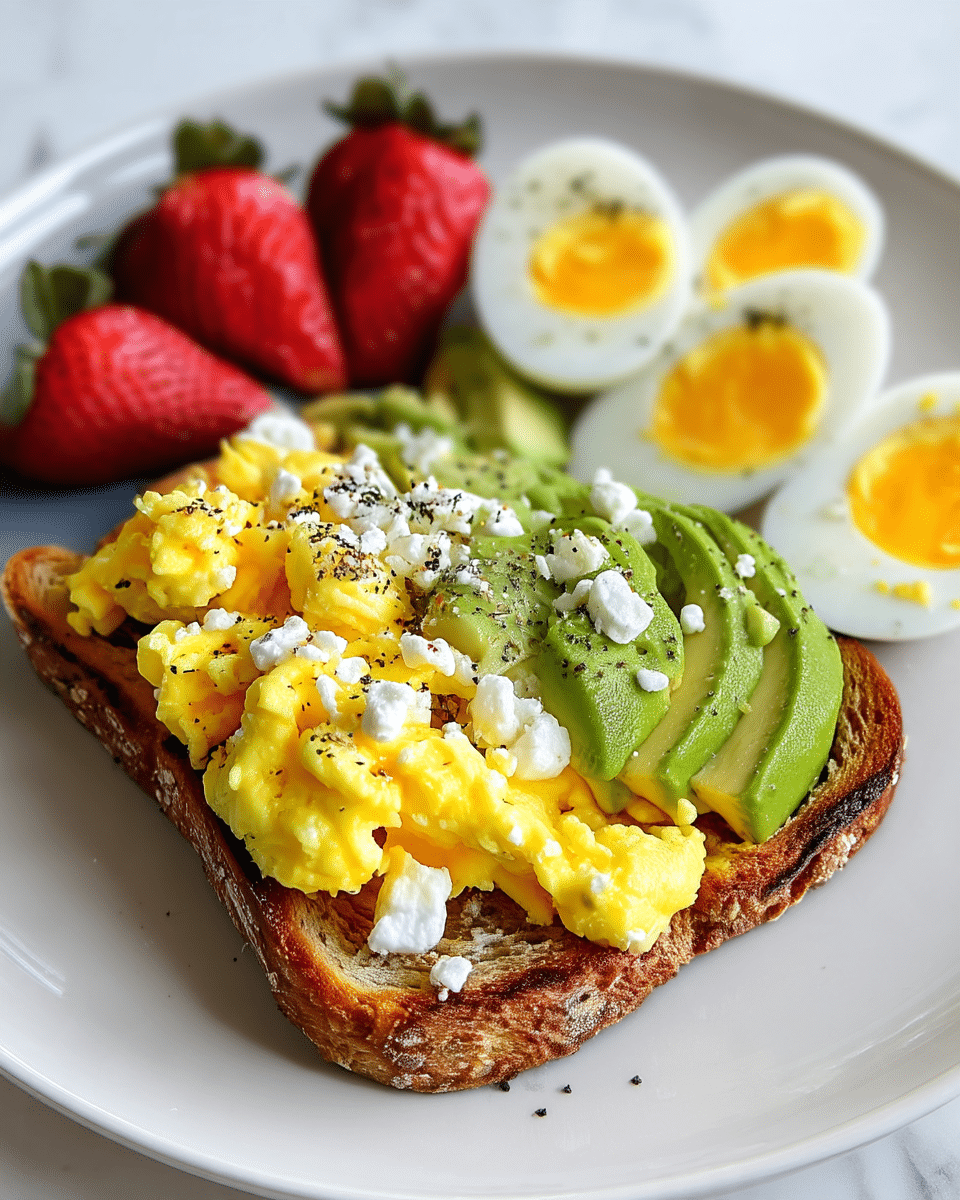 A close-up of a single slice of toasted whole grain bread on a white plate with a white marbled texture background, topped with a thick layer of fluffy, bright yellow scrambled eggs on the left side, and sliced, smooth green avocado with visible texture on the right side. Crumbled white cheese is sprinkled on both the eggs and avocado, with a dusting of black pepper on top. In the background, three red strawberries are placed on the upper left side, and three halves of hard-boiled eggs with bright yellow yolks are arranged on the upper right side. Photo taken with an iphone --ar 4:5 --v 7