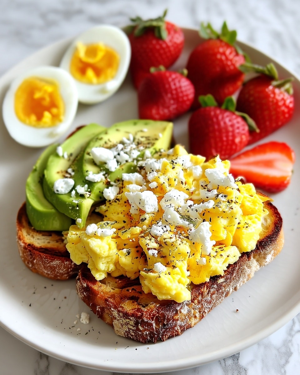 A slice of toasted bread forms the base, topped with a layer of bright yellow scrambled eggs sprinkled with white crumbled cheese and black pepper flakes. On the left side of the toast, there are three avocado slices with a smooth green texture, slightly curved and layered neatly. Behind the toast, there are whole and halved strawberries showing their red flesh and green leaves. To the left of the toast, two halved boiled eggs with bright yellow yolks are placed. All the food is arranged on a white plate, sitting on a white marbled surface. photo taken with an iphone --ar 4:5 --v 7