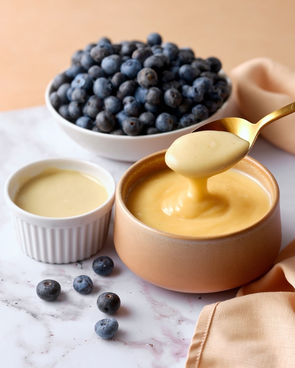 A smooth, creamy light beige pudding fills a round light brown bowl tightly. A golden spoon scoops up part of the pudding, showing a thick, velvety texture. Nearby, a small white bowl holds fresh, plump blueberries with a rich blue color, sitting on a white marbled surface. In the corner, there is a smaller white ramekin also filled with the same pudding, showcasing its glossy and thick surface. A soft peach cloth is placed next to the bowls, adding a warm accent to the scene. photo taken with an iphone --ar 4:5 --v 7