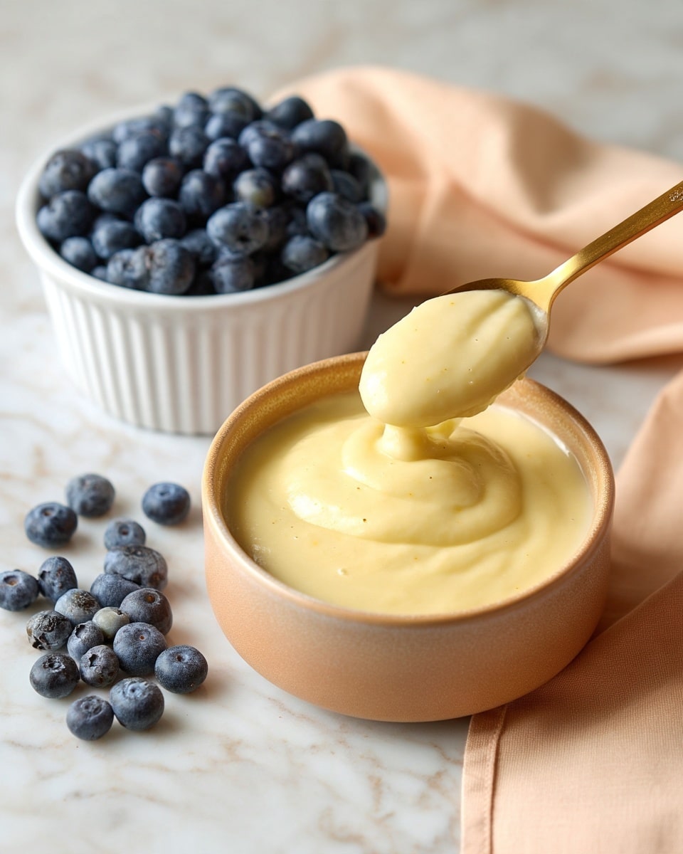 A creamy light yellow custard with a smooth, thick texture fills a round, light brown bowl almost to the top, with a golden spoon lifting a scoop from the center. Nearby, on a white marbled surface, there is a small white bowl filled with plump blueberries, some spilled around it, and a smaller white ramekin filled with the same custard. A soft, peach-colored cloth is placed partially in the corner of the image. photo taken with an iphone --ar 4:5 --v 7