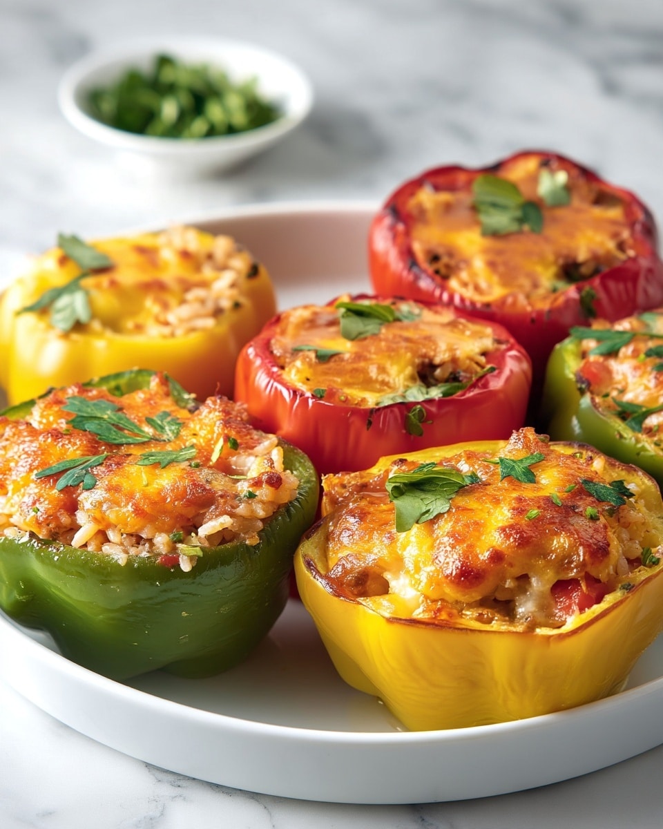 The image shows stuffed bell peppers arranged in a white dish on a white marbled texture. Each pepper is cut in half and filled with three layers: the bottom layer is the hollowed-out pepper itself, with green, red, and yellow bell peppers visible; the middle layer is a mix of cooked rice and small pieces of meat, light brown with bits of red tomatoes and herbs; the top layer is melted golden-brown cheese, slightly crispy around the edges. Small green herb leaves are sprinkled on top of the cheese for garnish. In the background, a white bowl with chopped green herbs can be seen slightly out of focus. photo taken with an iphone --ar 4:5 --v 7