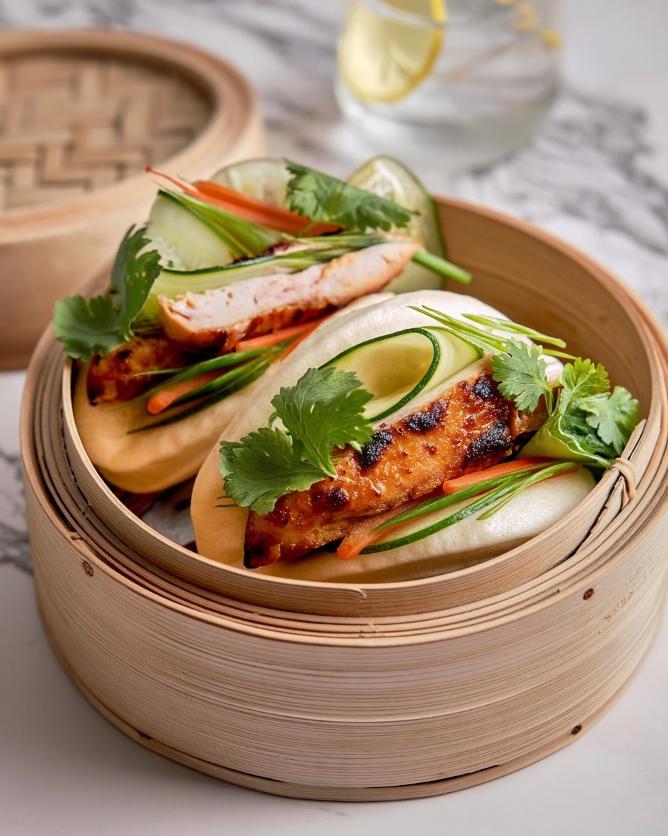 The image shows two steamed bao buns placed inside a light wooden steamer basket. Each bun is soft and white, folded around toppings. Inside, there are thick slices of golden-brown grilled chicken with slight charring, layered with thin, light green cucumber ribbons and thin orange carrot strips. Fresh dark green cilantro leaves and long thin green scallions add color and texture on top of and around the fillings. The basket sits on a white marbled surface, with part of a glass of water visible in the background. Photo taken with an iphone --ar 4:5 --v 7