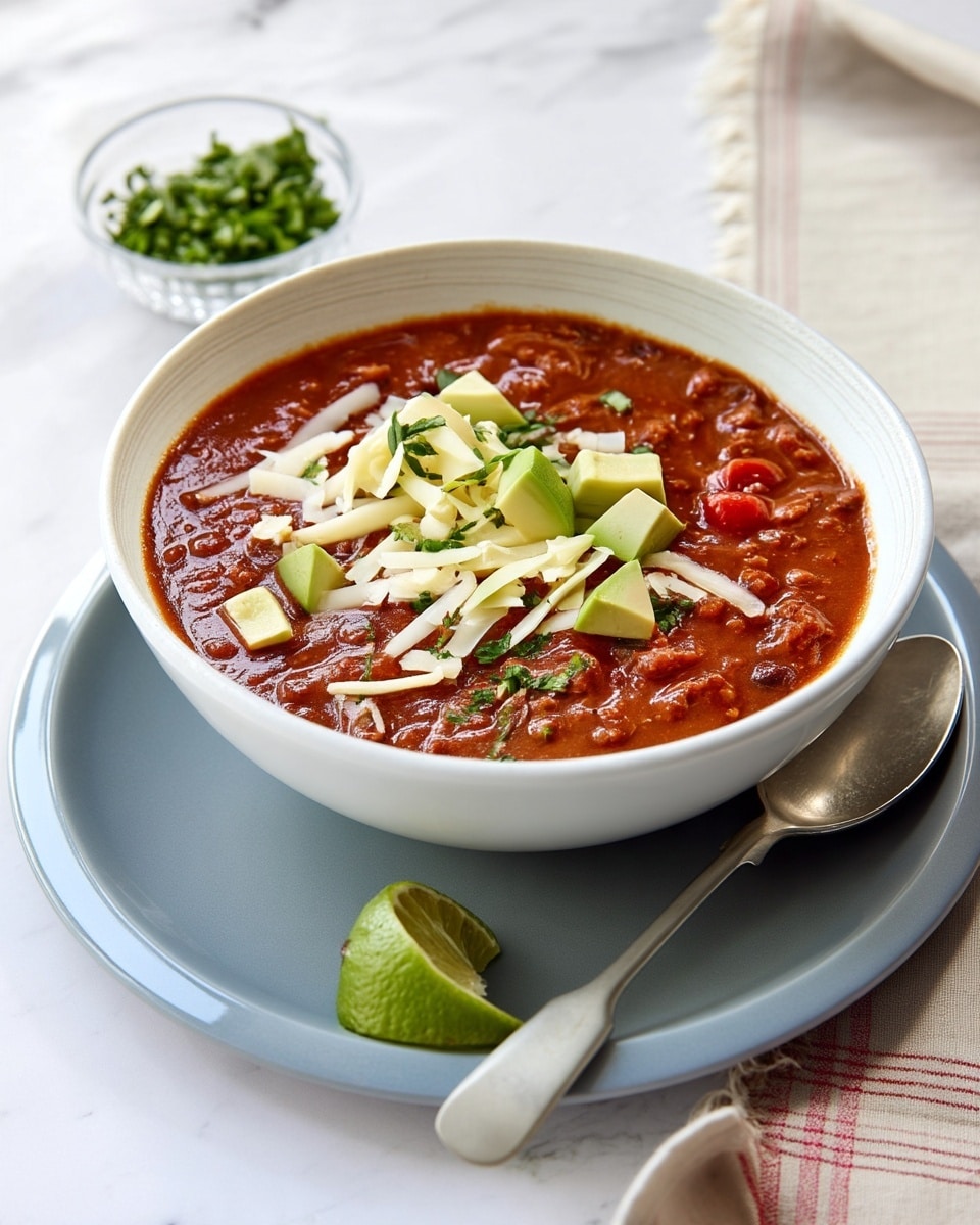 A bowl of thick chili with a rich red-brown color fills the white bowl placed on a gray plate. On top of the chili, there are shredded white cheese pieces scattered along with small green avocado cubes. Tiny bits of green herbs are sprinkled over the cheese and avocado, adding a fresh touch. Next to the bowl on the plate is a wedge of lime, and a silver spoon rests on the plate beside the bowl. In the background, a small white bowl filled with chopped green herbs sits on a white marbled surface, along with a beige cloth with red stripes on the side. Photo taken with an iphone --ar 4:5 --v 7